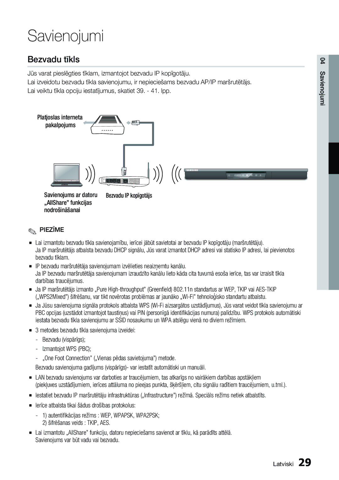 Samsung BD-D6900/EN manual Bezvadu tīkls, Ierīce atbalsta tikai šādus drošības protokolus, Savienojums ar datoru 