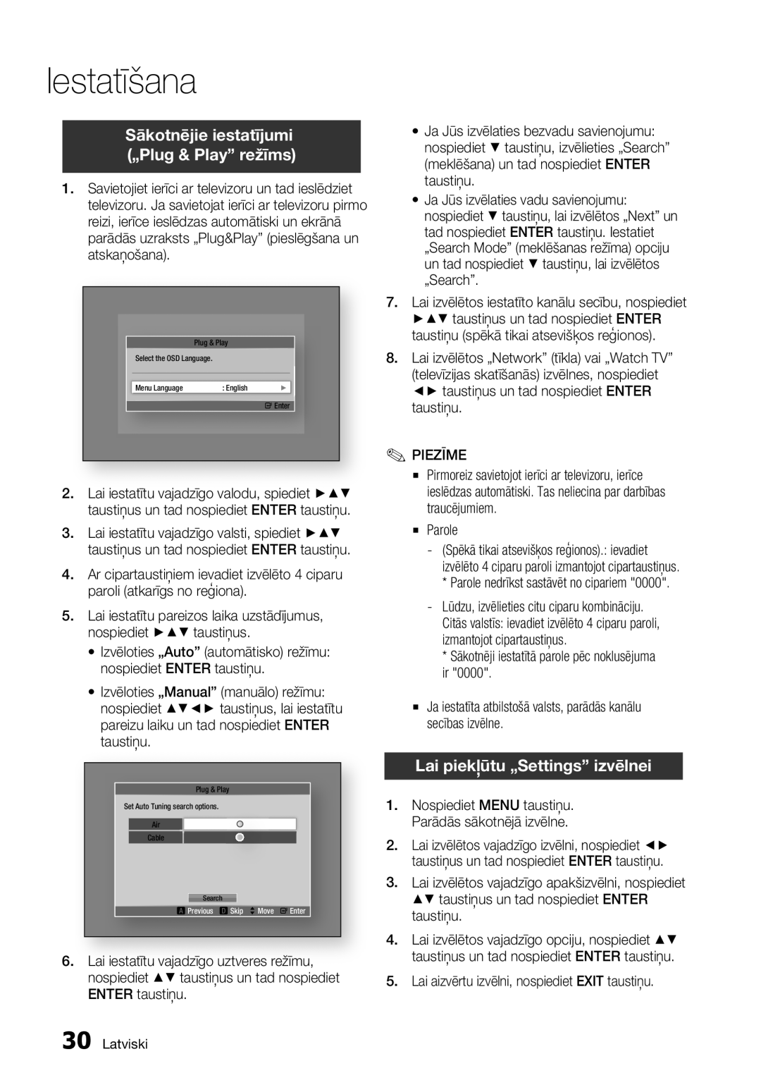 Samsung BD-D6900/EN manual Iestatīšana, Sākotnējie iestatījumi „Plug & Play režīms, Lai piekļūtu „Settings izvēlnei, Parole 