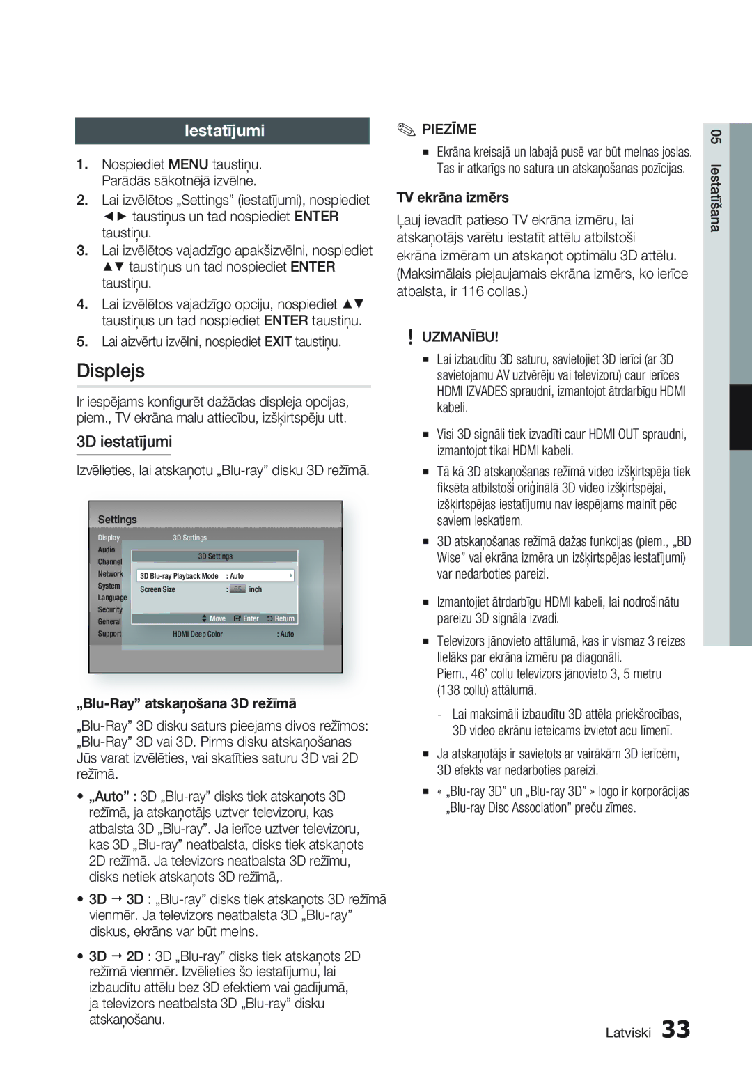 Samsung BD-D6900/EN manual Displejs, Iestatījumi, 3D iestatījumi, „Blu-Ray atskaņošana 3D režīmā, TV ekrāna izmērs 