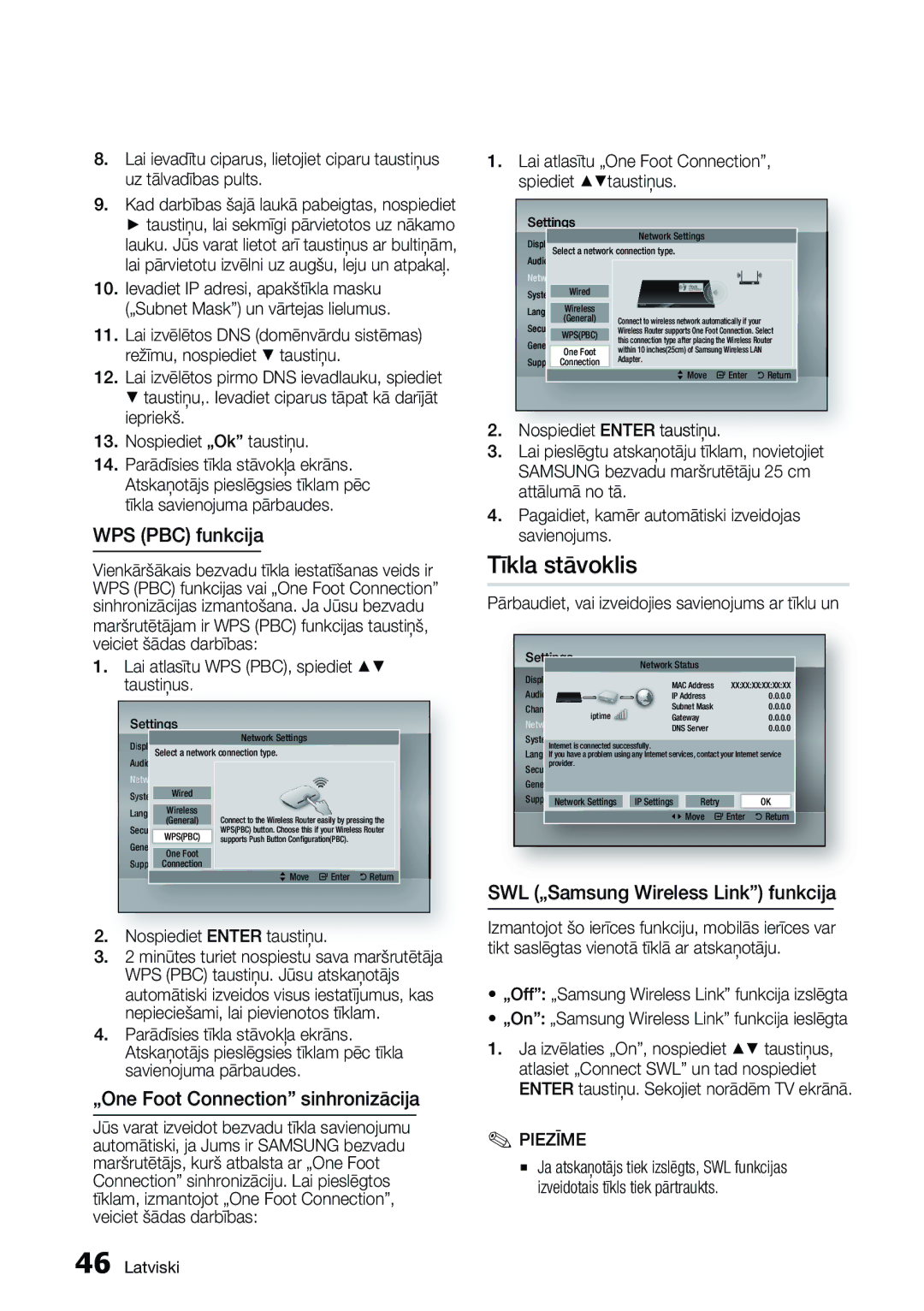 Samsung BD-D6900/EN manual Tīkla stāvoklis, WPS PBC funkcija, „One Foot Connection sinhronizācija 