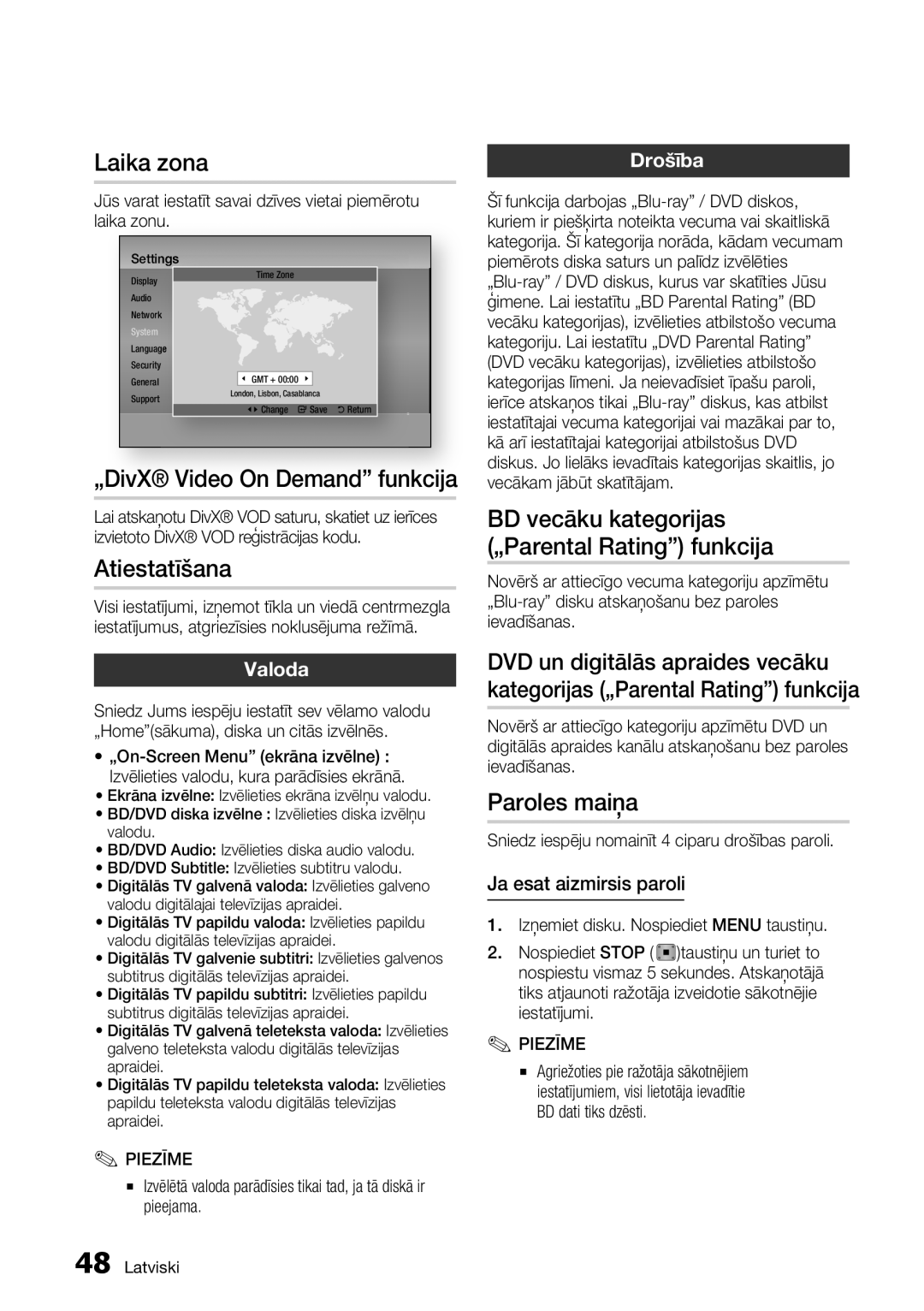 Samsung BD-D6900/EN manual Laika zona, „DivX Video On Demand funkcija, Atiestatīšana, Paroles maiņa 