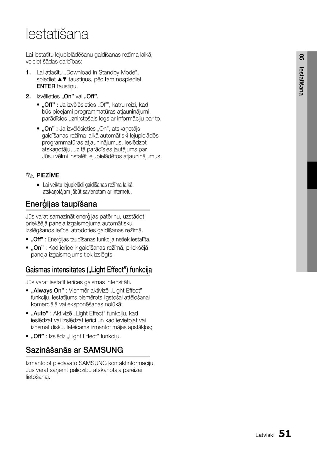 Samsung BD-D6900/EN manual Enerģijas taupīšana, Gaismas intensitātes „Light Effect funkcija, Sazināšanās ar Samsung 