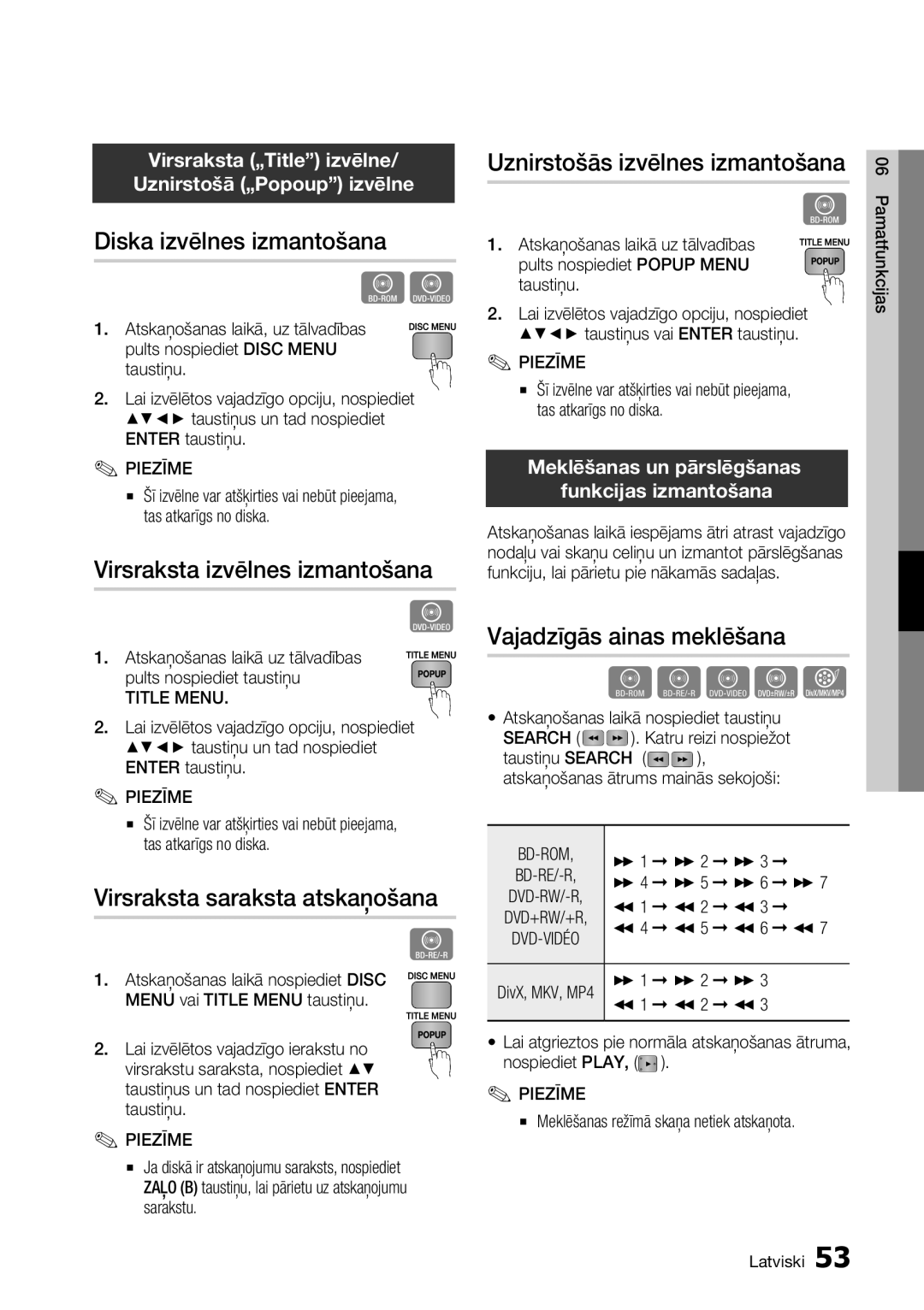 Samsung BD-D6900/EN manual Diska izvēlnes izmantošana, Virsraksta izvēlnes izmantošana, Virsraksta saraksta atskaņošana 