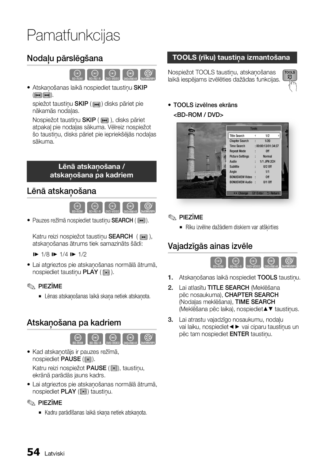 Samsung BD-D6900/EN manual Nodaļu pārslēgšana, Lēnā atskaņošana, Atskaņošana pa kadriem, Vajadzīgās ainas izvēle 