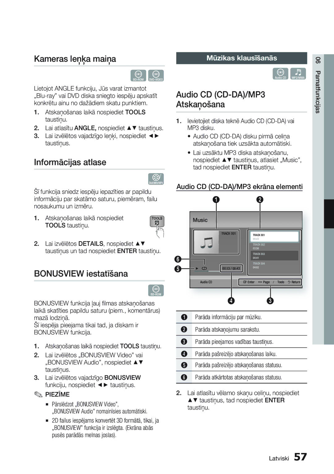 Samsung BD-D6900/EN manual Kameras leņķa maiņa, Informācijas atlase, Bonusview iestatīšana, Audio CD CD-DA/MP3 Atskaņošana 