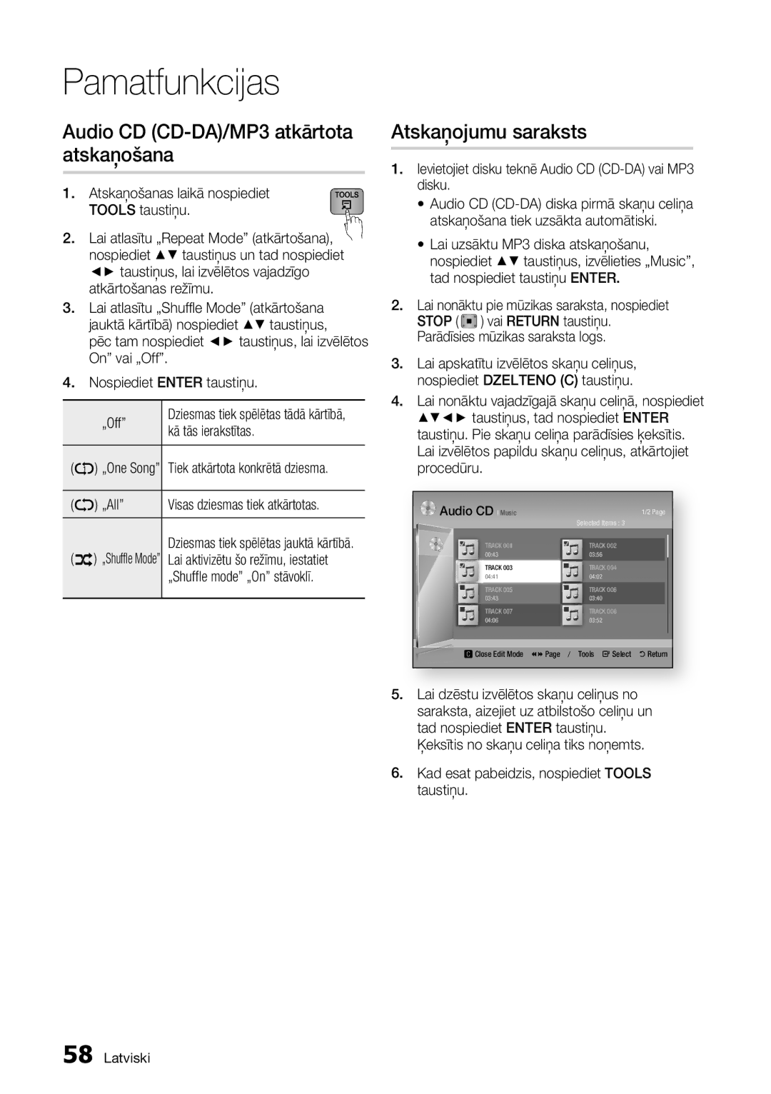 Samsung BD-D6900/EN manual Audio CD CD-DA/MP3 atkārtota atskaņošana, Atskaņojumu saraksts 