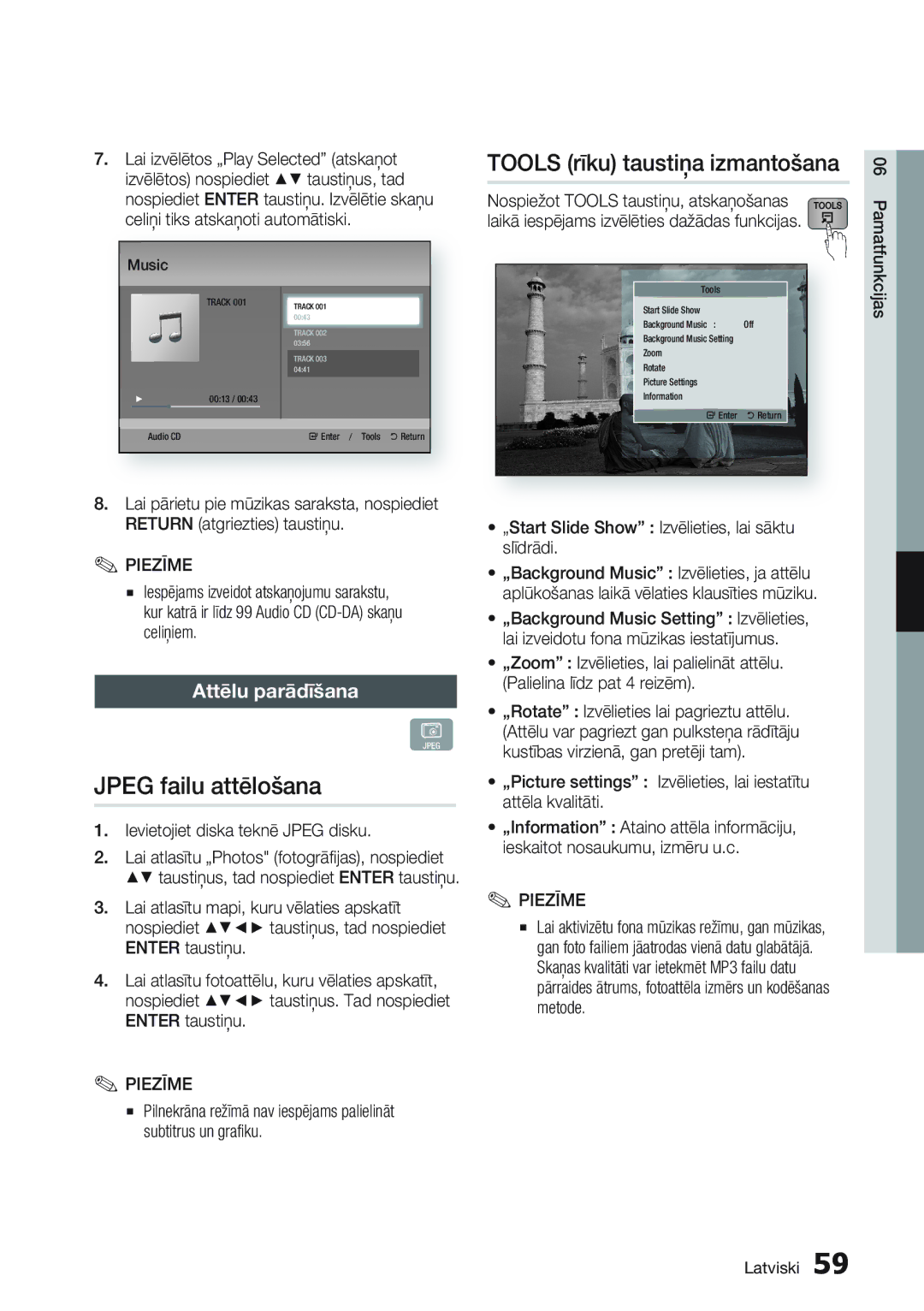 Samsung BD-D6900/EN manual Jpeg failu attēlošana, Attēlu parādīšana, Ievietojiet diska teknē Jpeg disku 