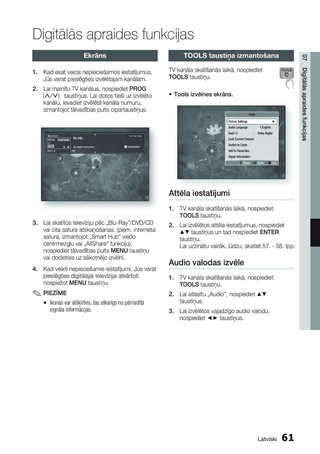 Samsung BD-D6900/EN manual Digitālās apraides funkcijas, Attēla iestatījumi, Audio valodas izvēle, Ekrāns 