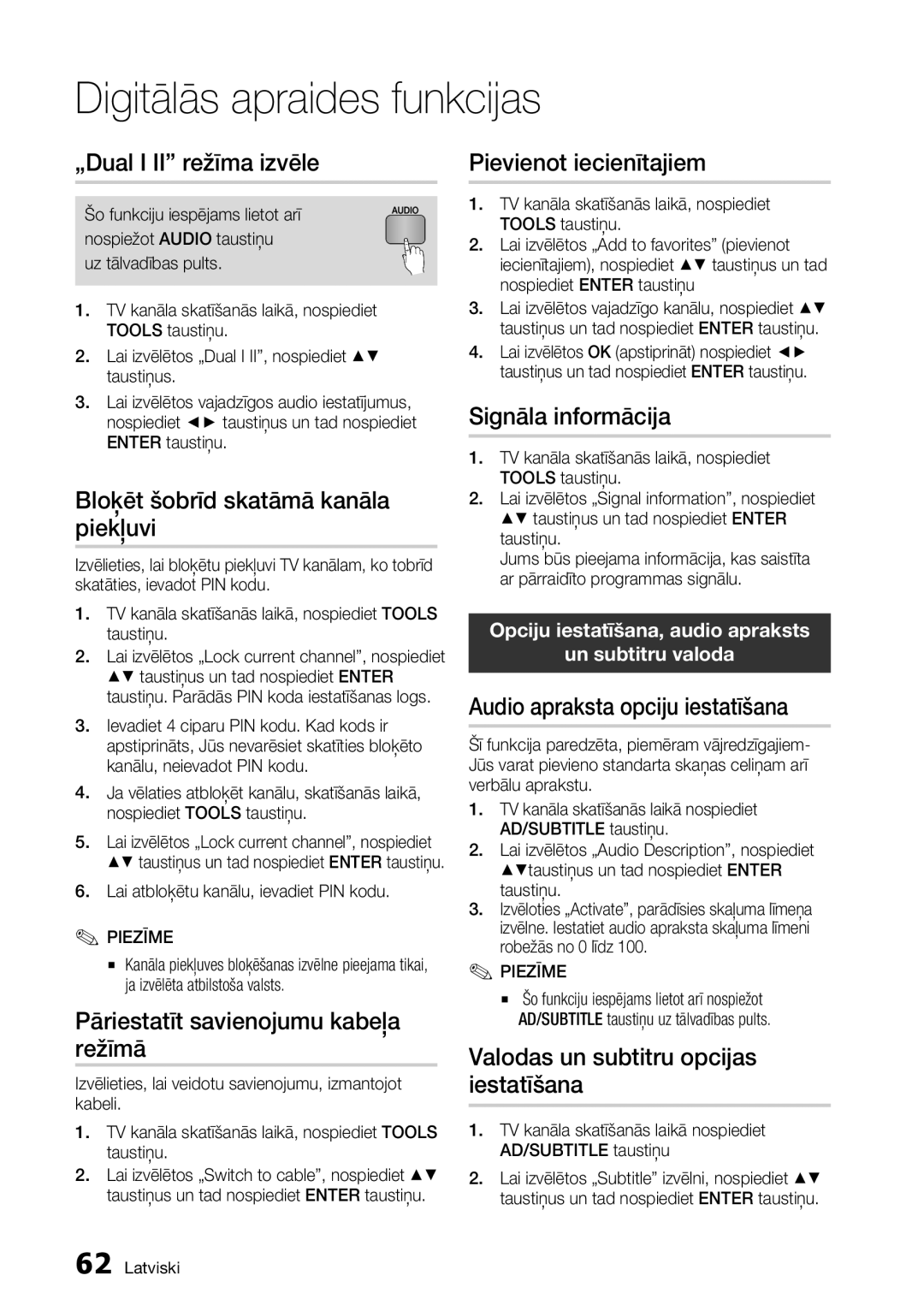 Samsung BD-D6900/EN manual „Dual I II režīma izvēle Pievienot iecienītajiem, Bloķēt šobrīd skatāmā kanāla piekļuvi 