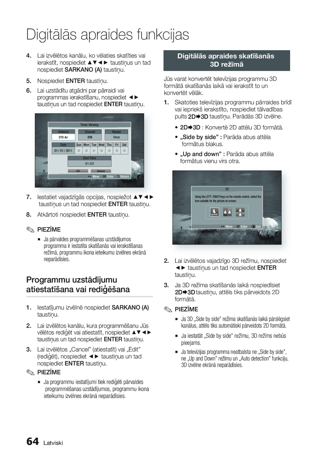 Samsung BD-D6900/EN manual Programmu uzstādījumu atiestatīšana vai rediģēšana, Digitālās apraides skatīšanās 3D režīmā 