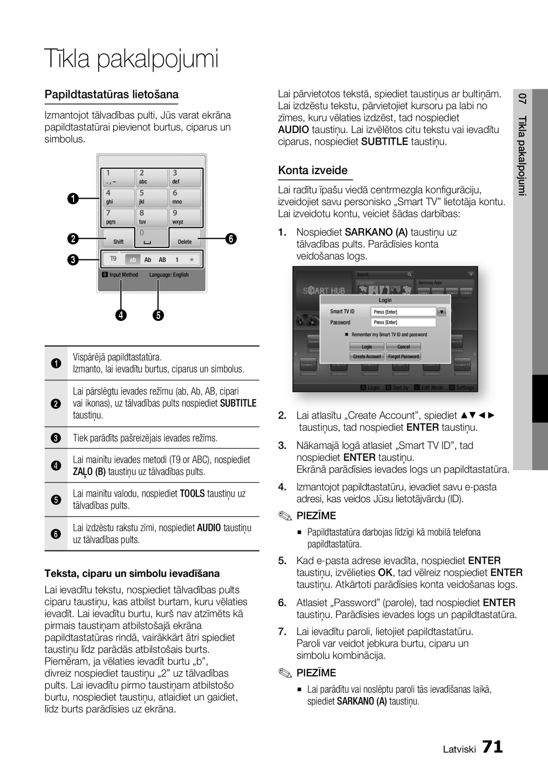 Samsung BD-D6900/EN manual Papildtastatūras lietošana, Konta izveide, Teksta, ciparu un simbolu ievadīšana 