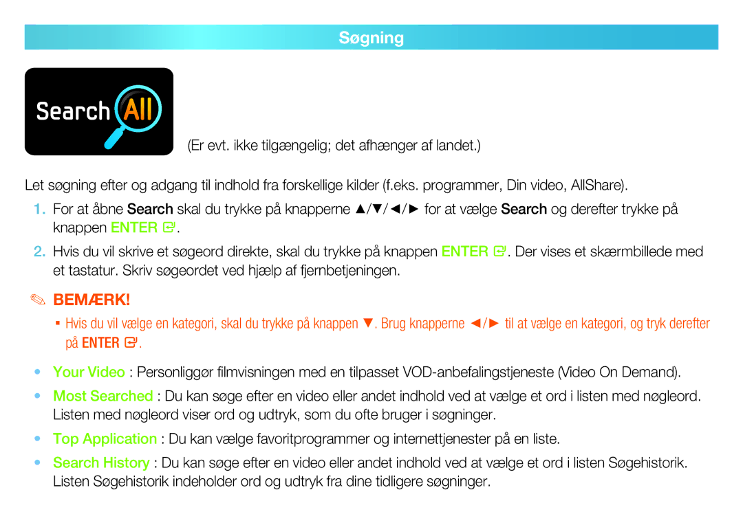 Samsung BD-D5500/XE, BD-D6900N/XE, BD-D7000/XE, BD-D8200N/XE, BD-D8900N/XE, BD-D6500/XE, BD-D7500B/XE manual Søgning, Bemærk 