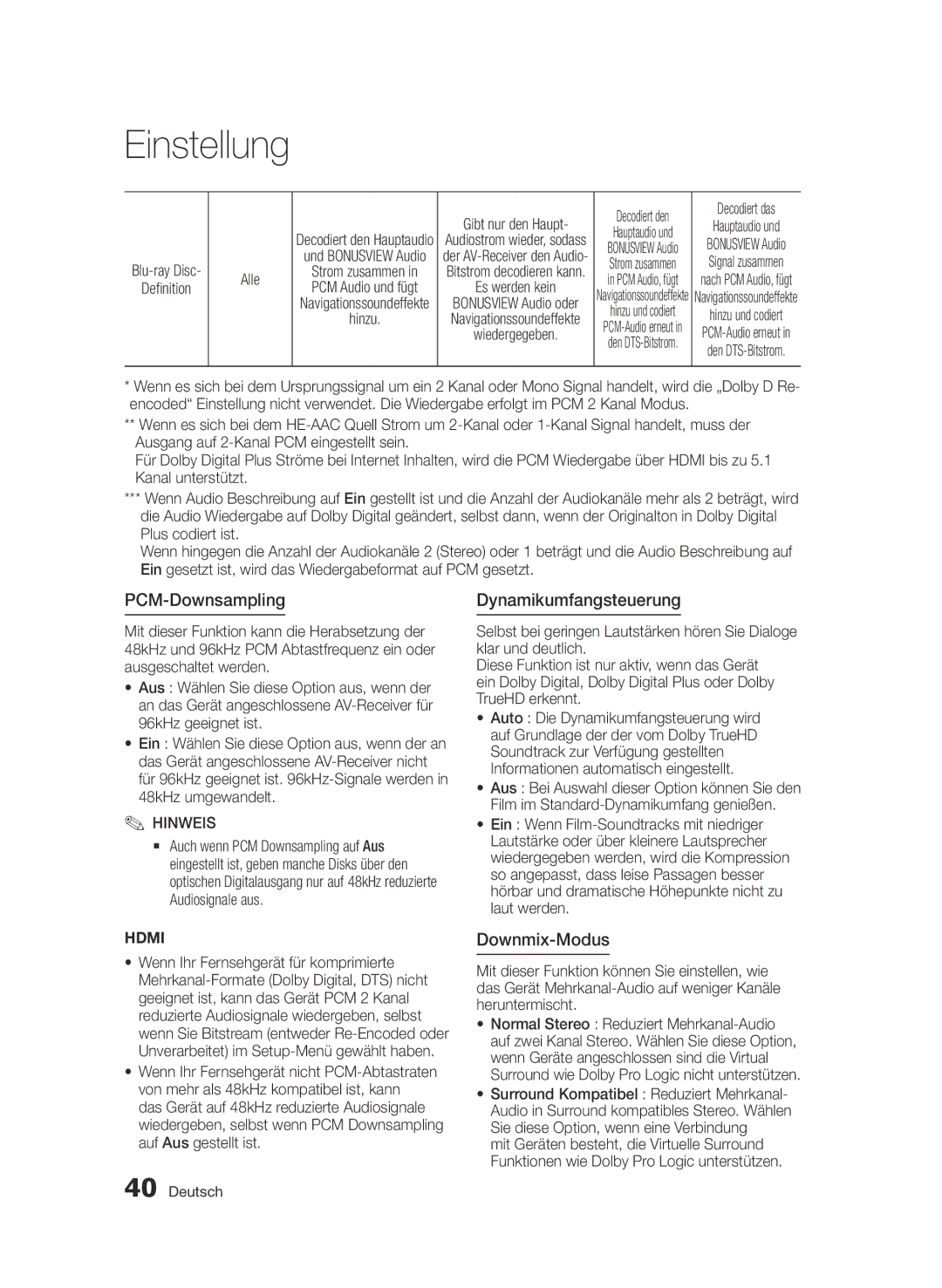 Samsung BD-D6900S/ZG manual PCM-Downsampling, Dynamikumfangsteuerung, Downmix-Modus, Alle, Gibt nur den Haupt 