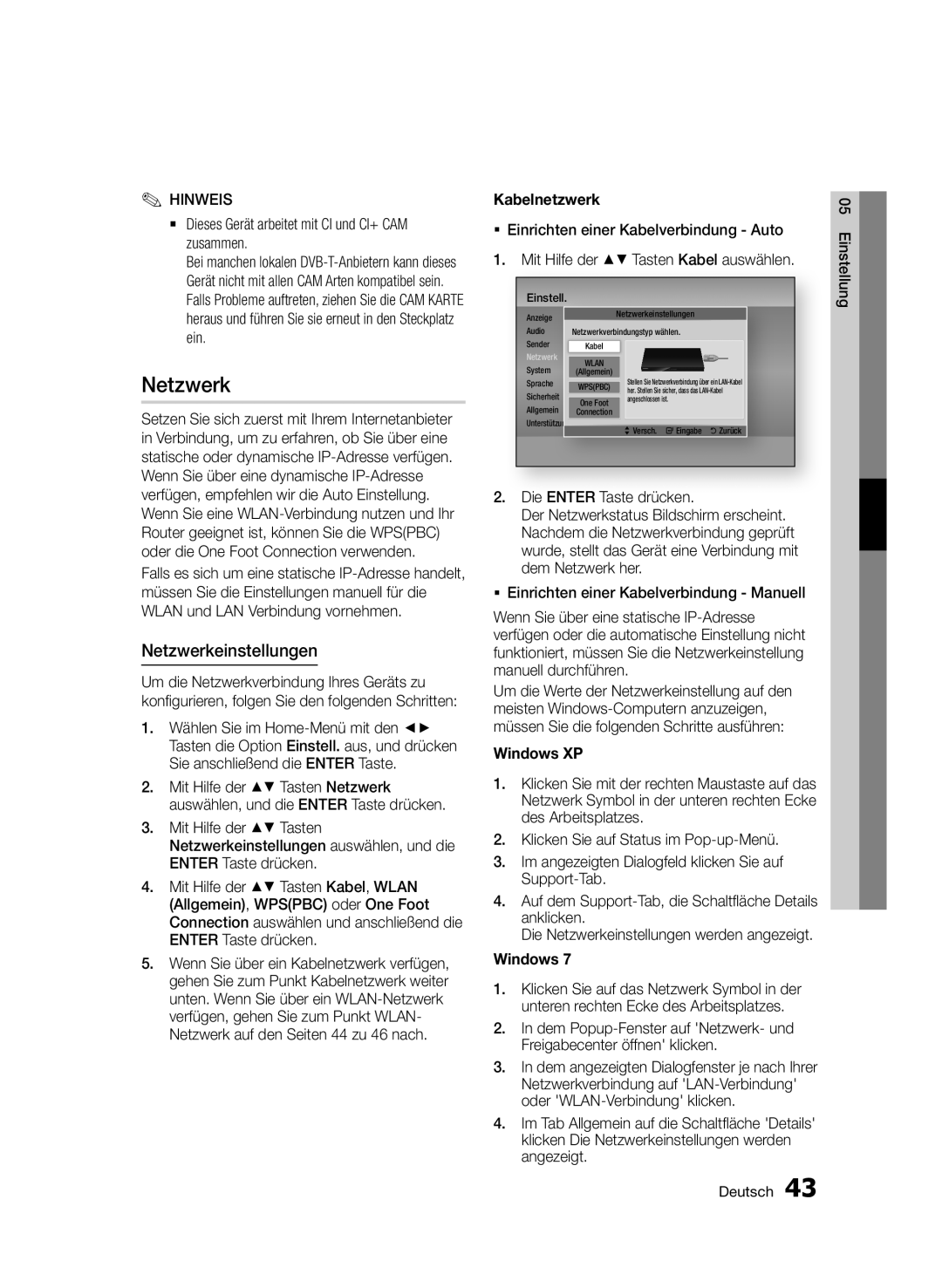 Samsung BD-D6900S/ZG manual Netzwerkeinstellungen, Kabelnetzwerk, Windows XP 