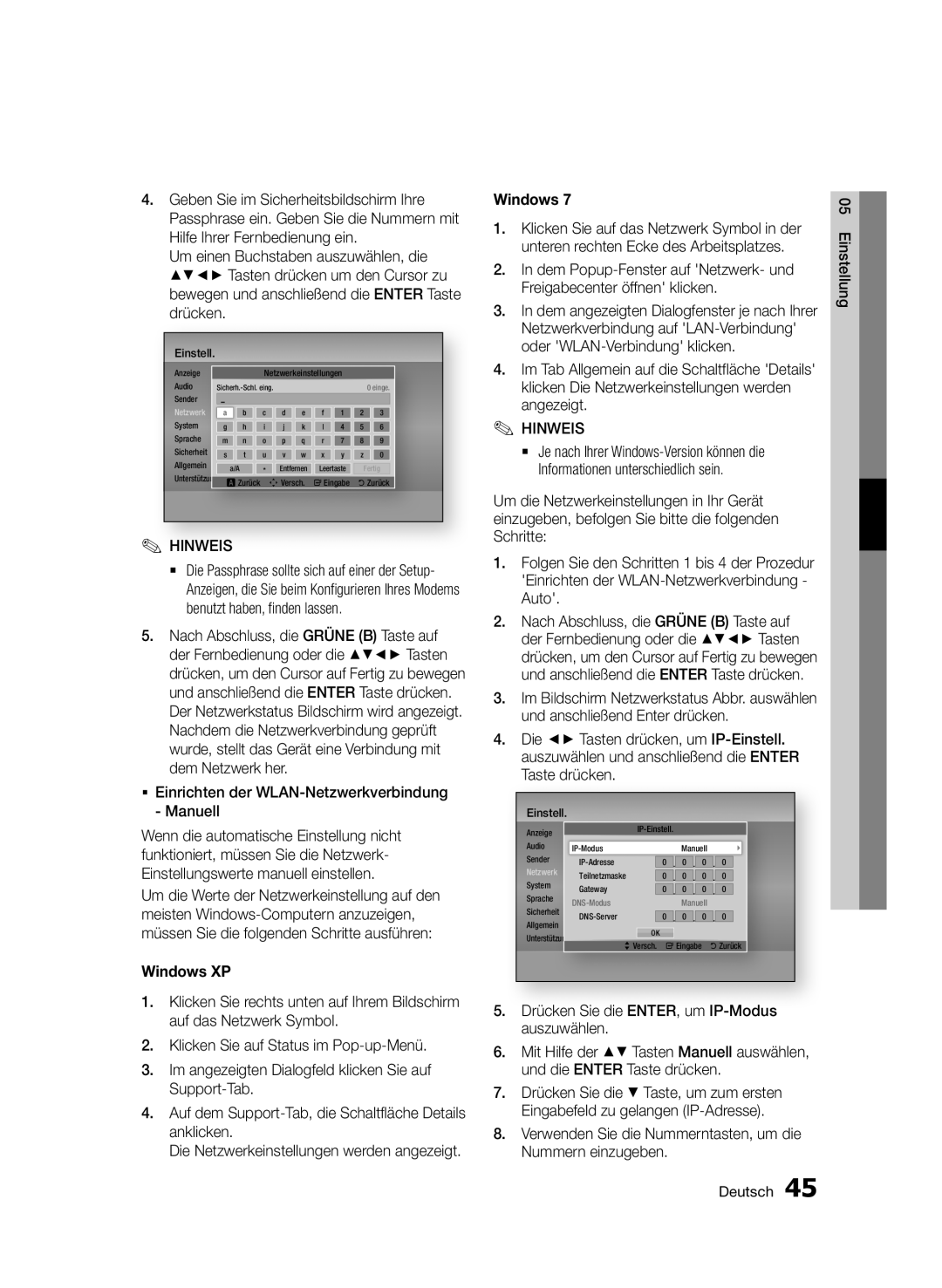 Samsung BD-D6900S/ZG ƒƒ Einrichten der WLAN-Netzwerkverbindung Manuell, Und anschließend Enter drücken, Taste drücken 