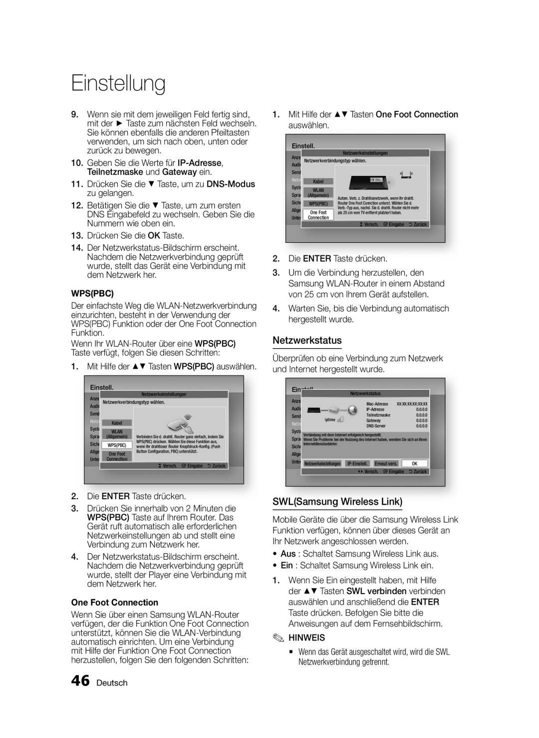 Samsung BD-D6900S/ZG manual Netzwerkstatus, SWLSamsung Wireless Link, One Foot Connection 