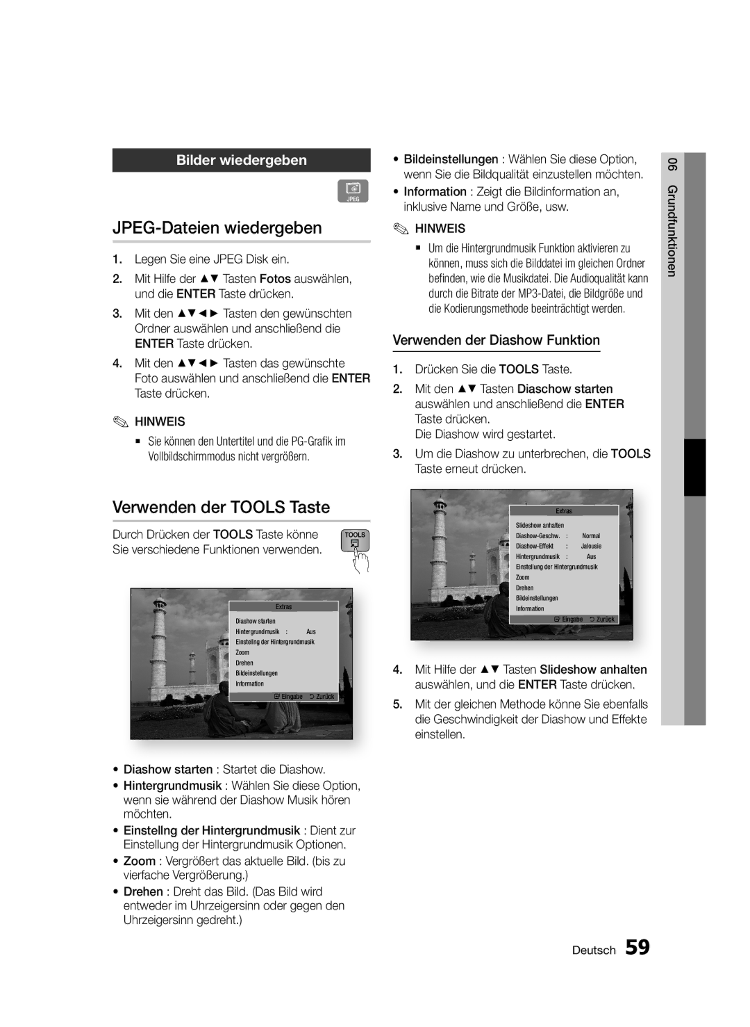 Samsung BD-D6900S/ZG JPEG-Dateien wiedergeben, Verwenden der Tools Taste, Bilder wiedergeben, Legen Sie eine Jpeg Disk ein 