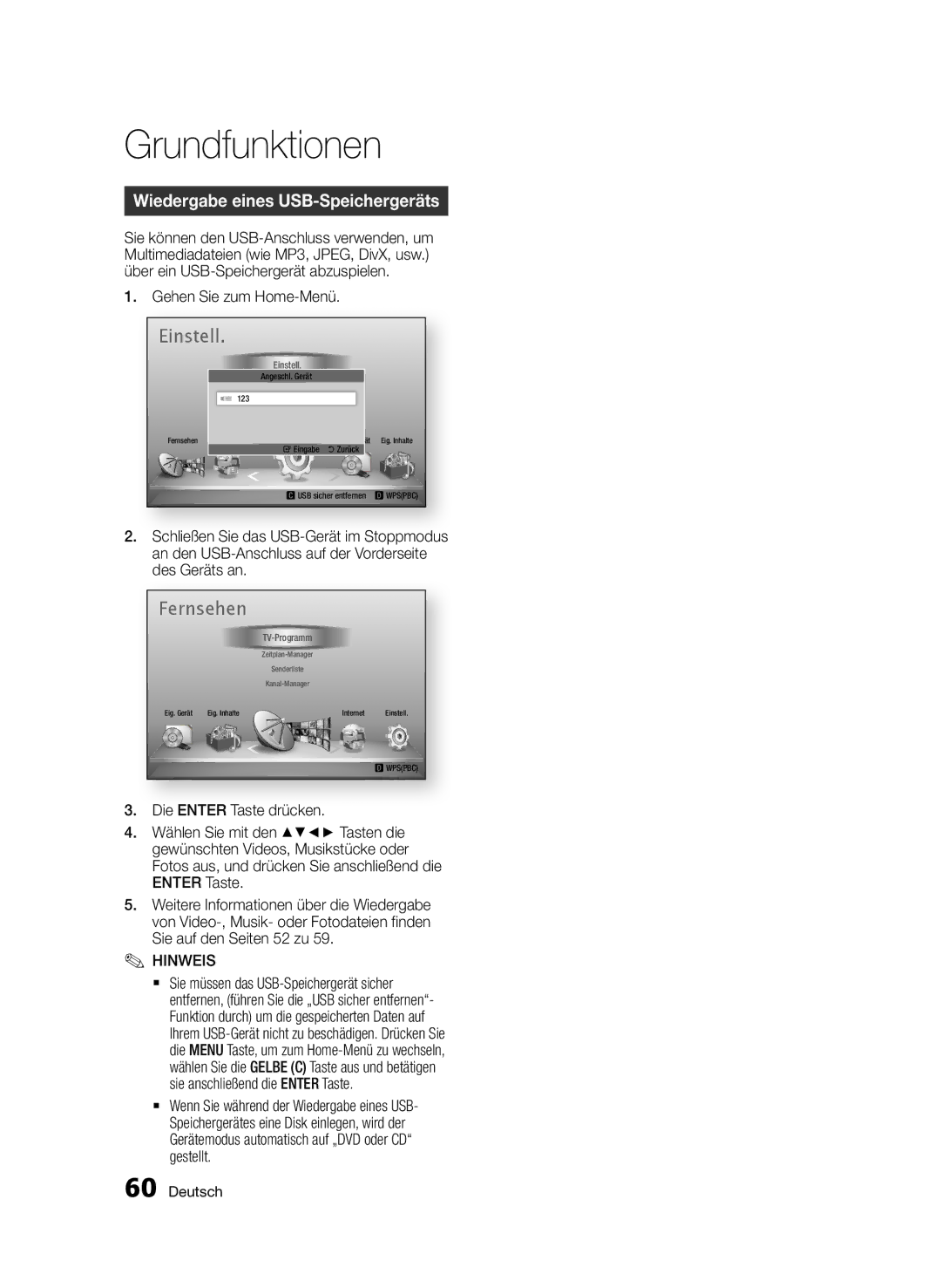 Samsung BD-D6900S/ZG Wiedergabe eines USB-Speichergeräts, Gehen Sie zum Home-Menü, Sie anschließend die Enter Taste. ` 