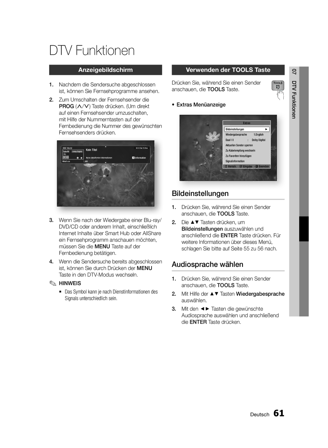 Samsung BD-D6900S/ZG manual DTV Funktionen, Bildeinstellungen, Anzeigebildschirm 