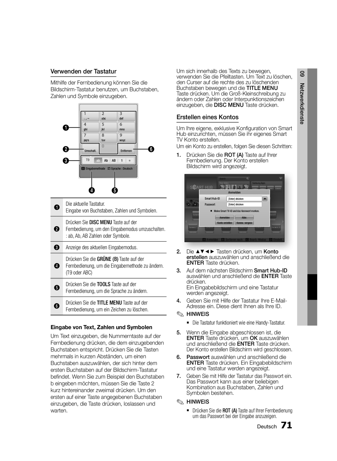 Samsung BD-D6900S/ZG manual Verwenden der Tastatur, Erstellen eines Kontos, Eingabe von Text, Zahlen und Symbolen 