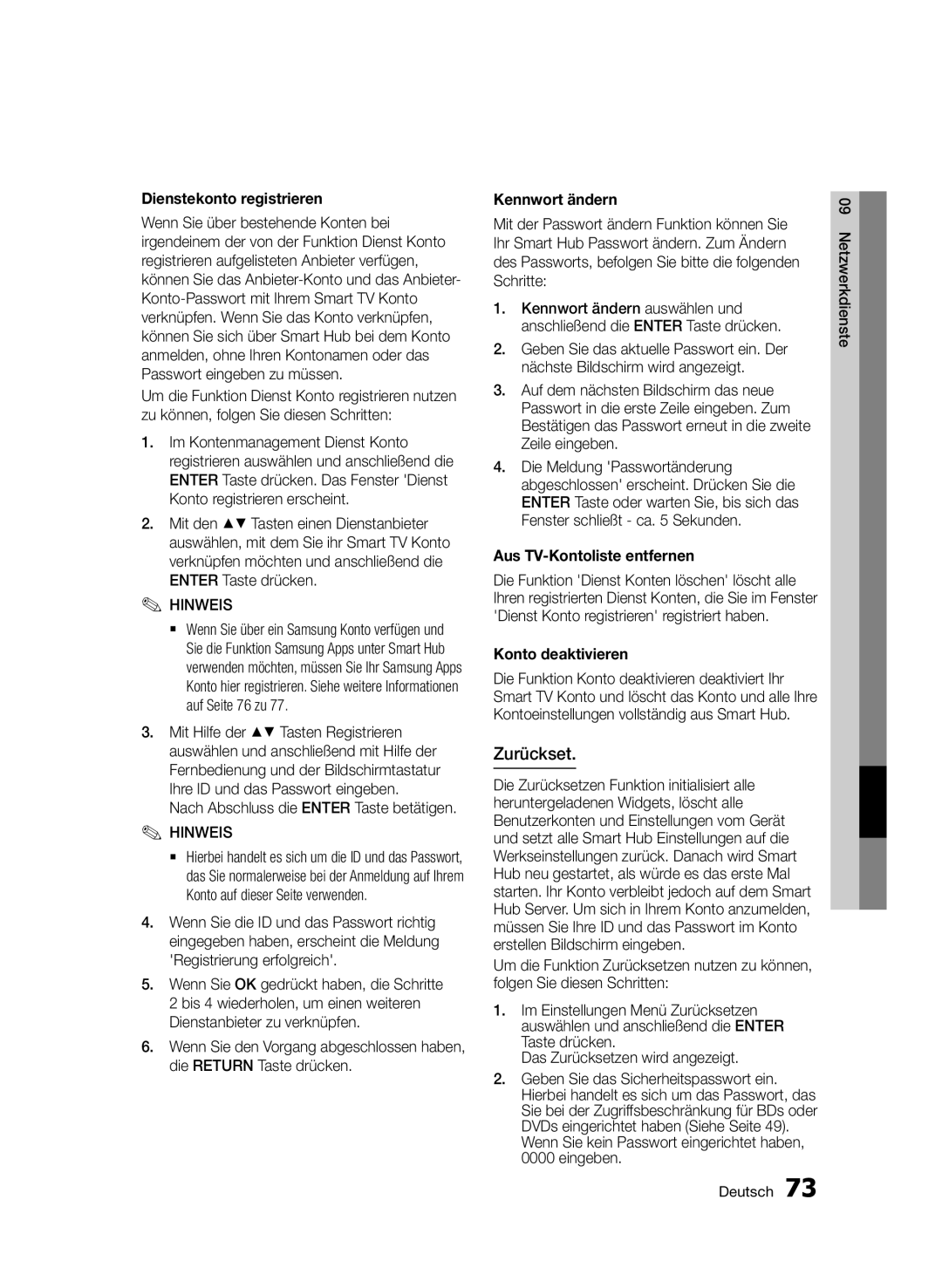 Samsung BD-D6900S/ZG manual Zurückset, Dienstekonto registrieren, Kennwort ändern, Aus TV-Kontoliste entfernen 