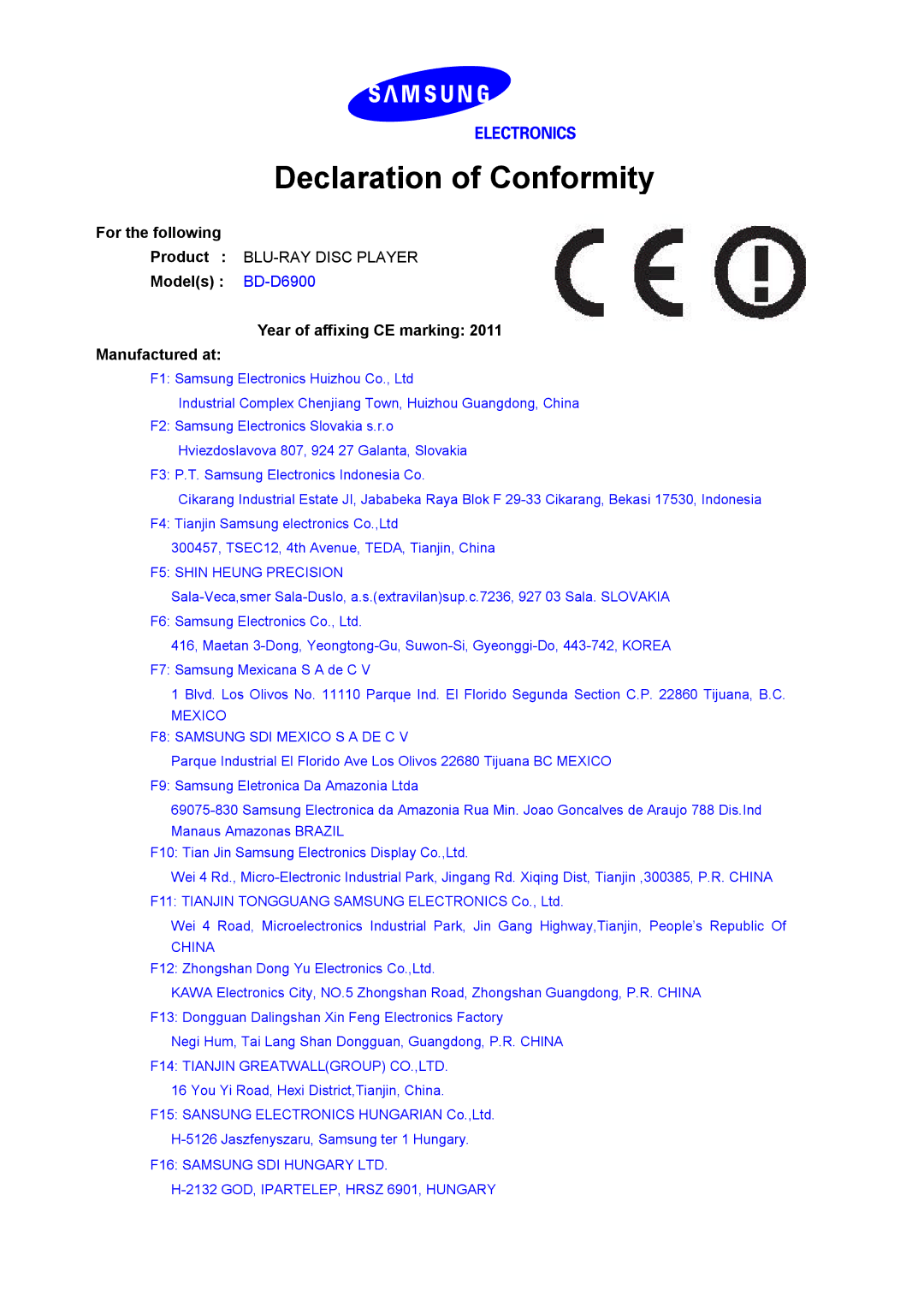 Samsung BD-D6900S/ZG manual Declaration of Conformity, For the following 