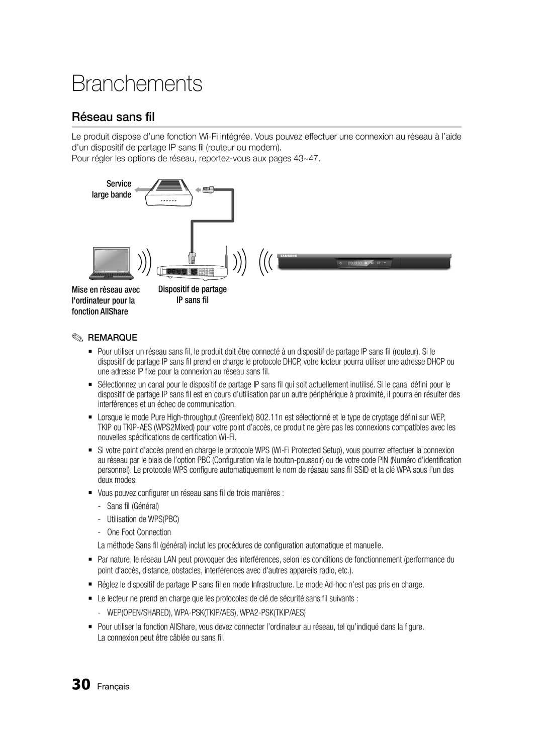 Samsung BD-D6900/EN, BD-D6900/XN, BD-D6900/ZF manual Réseau sans fil, Service large bande 