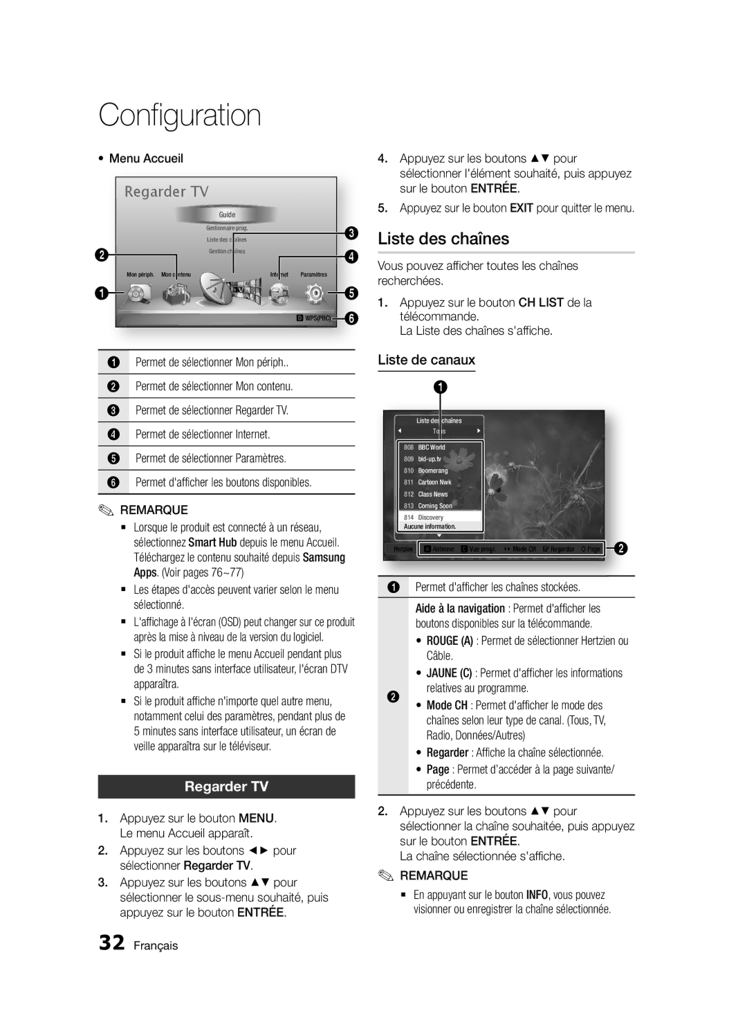 Samsung BD-D6900/XN, BD-D6900/EN, BD-D6900/ZF manual Liste des chaînes, Regarder TV, Liste de canaux 