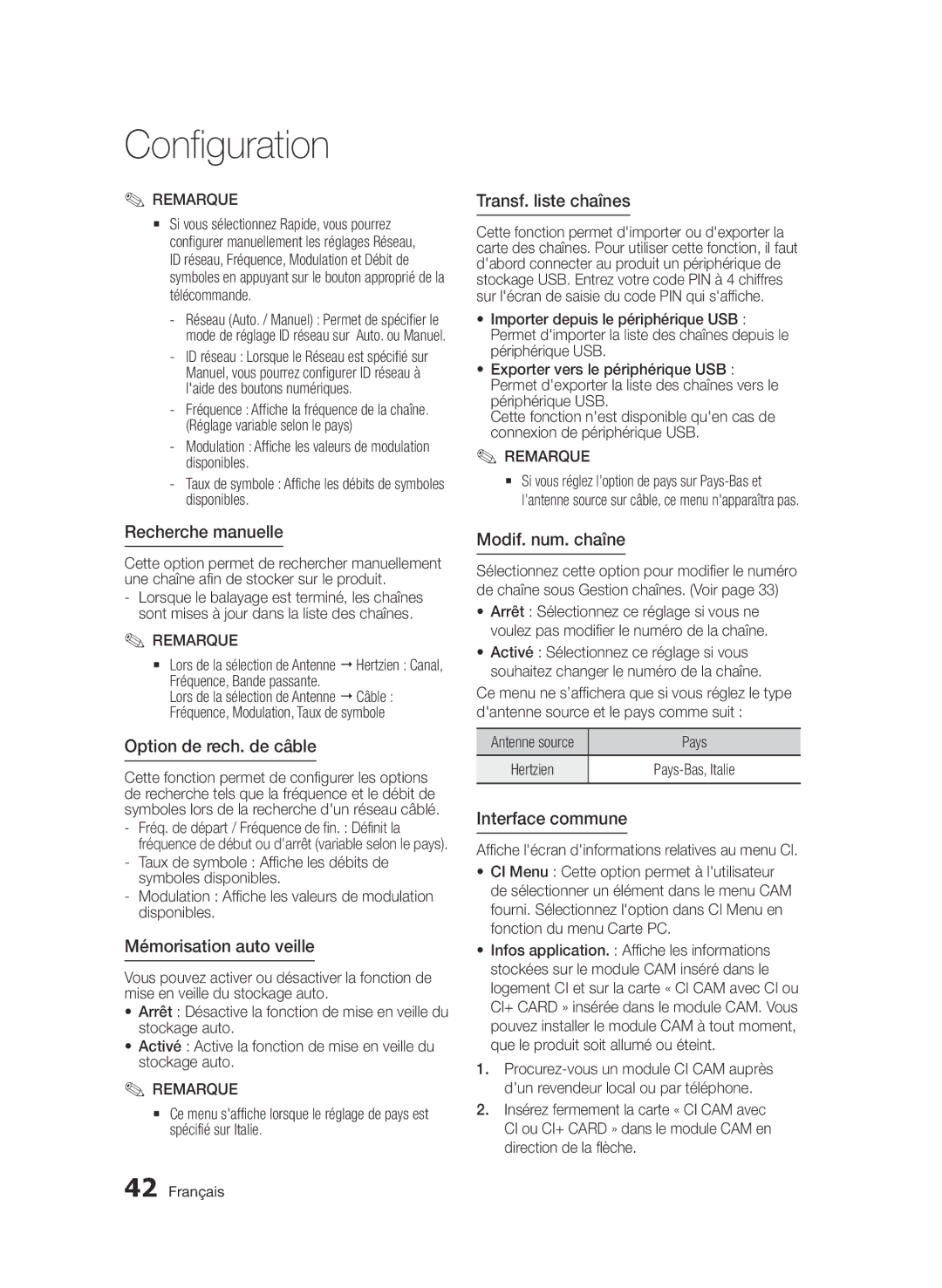 Samsung BD-D6900/EN manual Recherche manuelle, Option de rech. de câble, Mémorisation auto veille, Transf. liste chaînes 