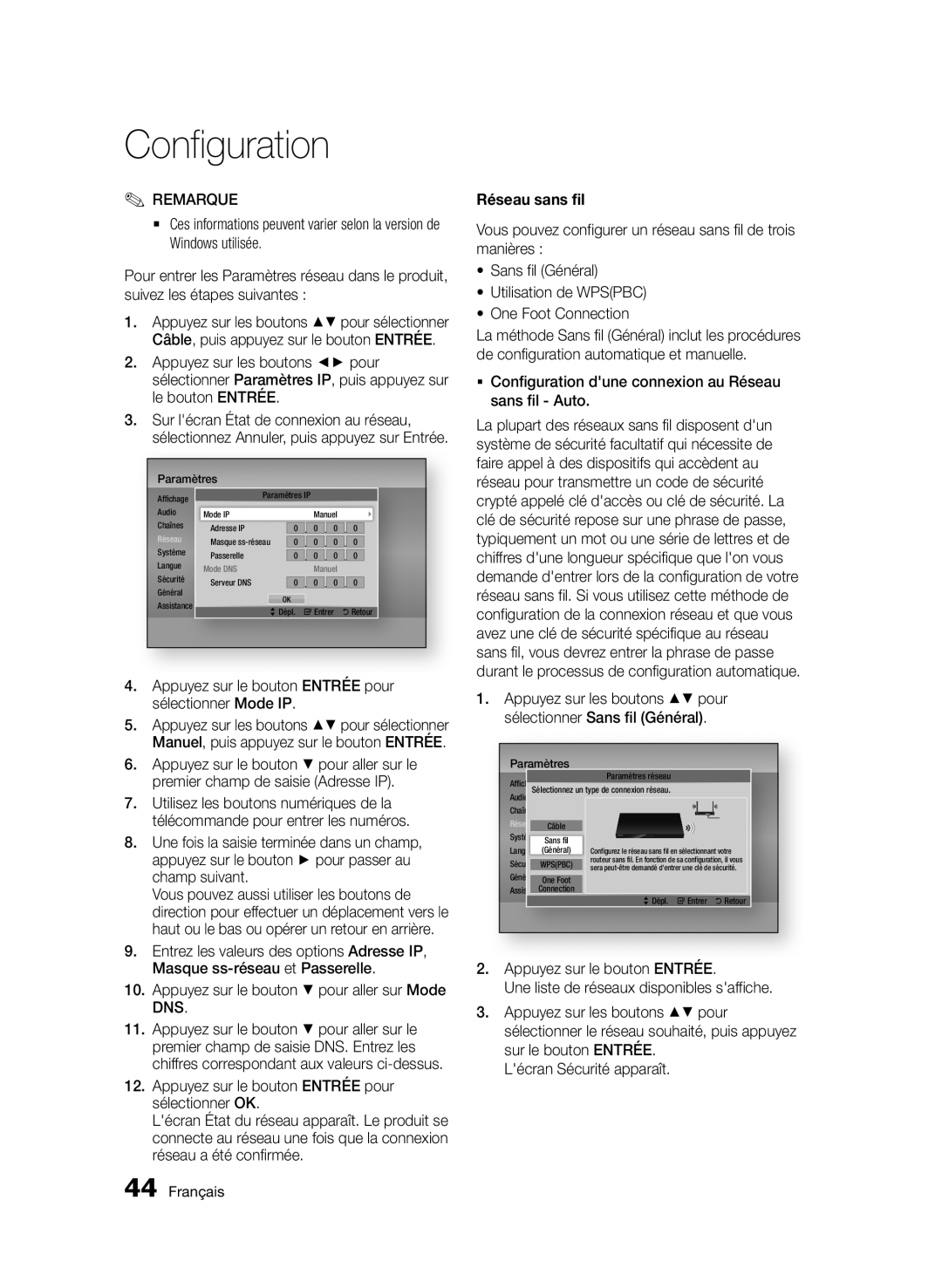 Samsung BD-D6900/XN, BD-D6900/EN, BD-D6900/ZF manual Dns, Réseau sans fil 