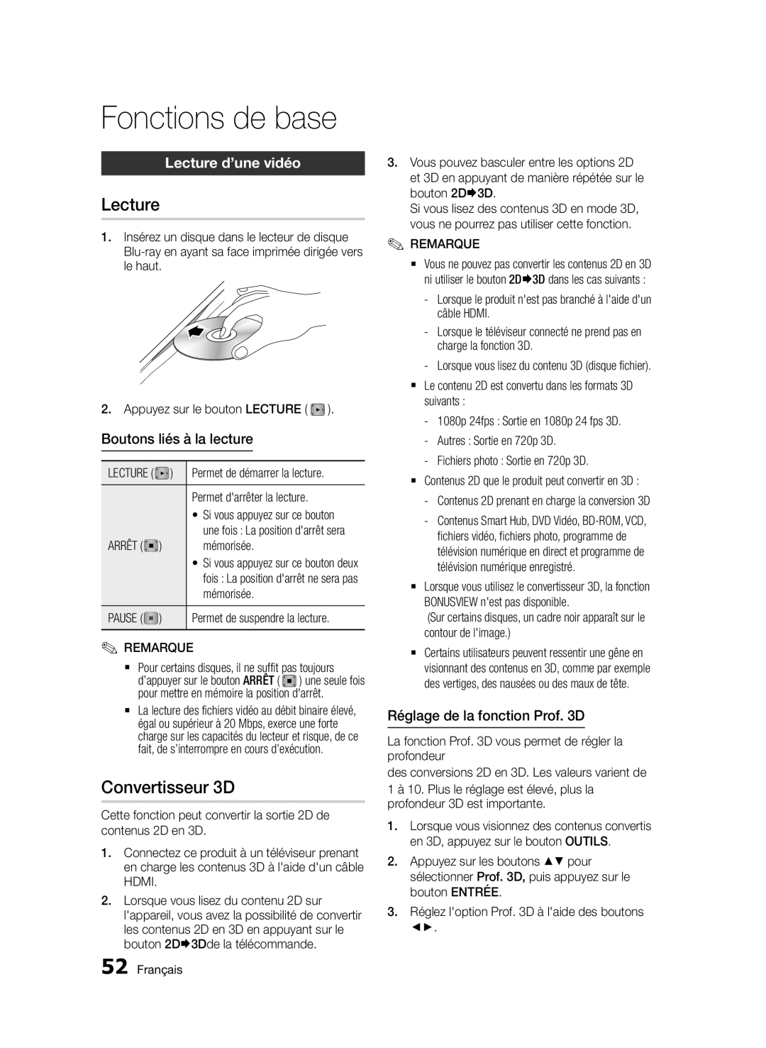 Samsung BD-D6900/ZF, BD-D6900/XN, BD-D6900/EN manual Fonctions de base, Convertisseur 3D, Lecture d’une vidéo 