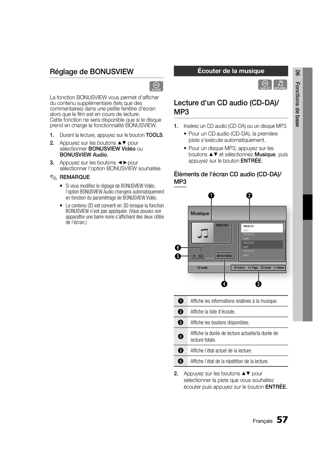 Samsung BD-D6900/EN, BD-D6900/XN, BD-D6900/ZF Réglage de Bonusview, Lecture dun CD audio CD-DA/ MP3, Écouter de la musique 