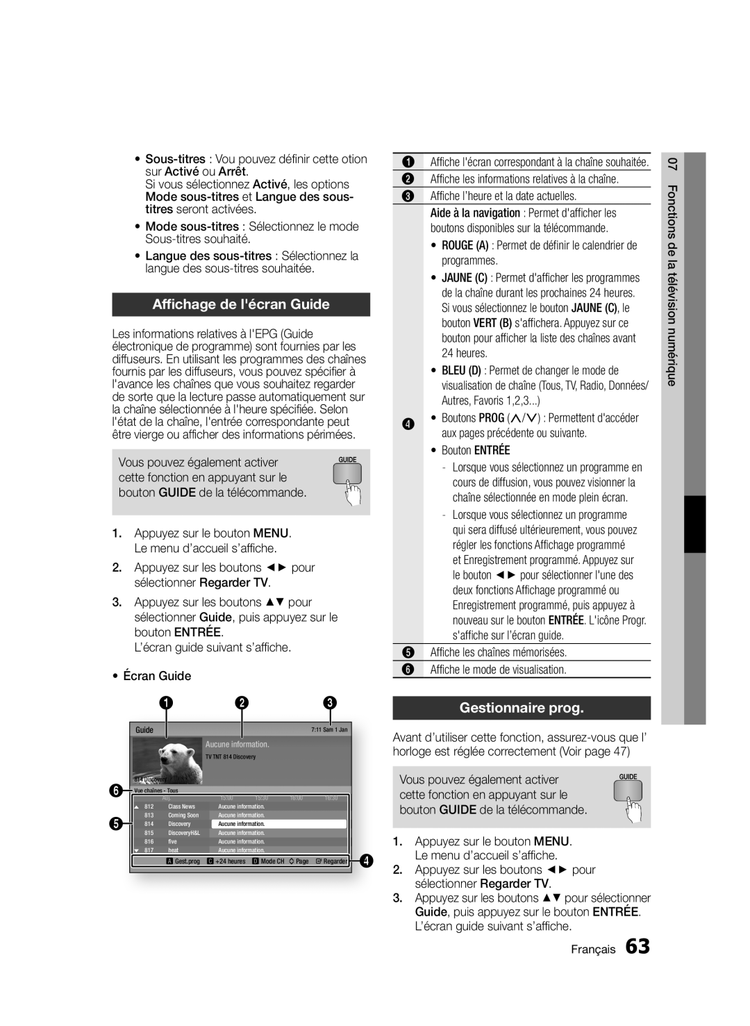 Samsung BD-D6900/EN, BD-D6900/XN, BD-D6900/ZF manual Affichage de lécran Guide, Gestionnaire prog 