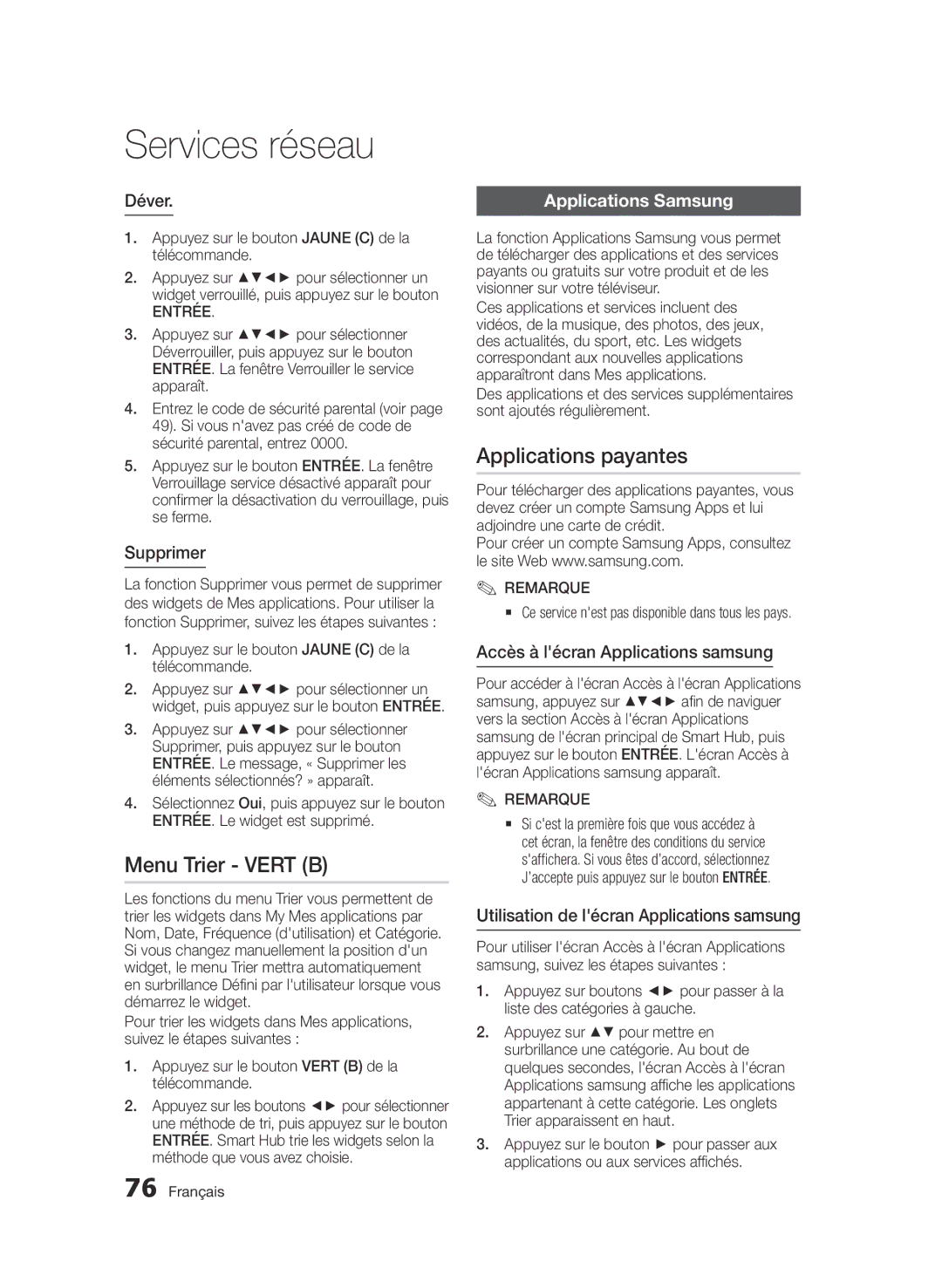 Samsung BD-D6900/ZF, BD-D6900/XN, BD-D6900/EN manual Menu Trier Vert B, Applications payantes, Applications Samsung 