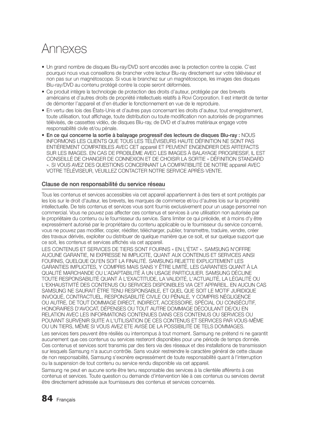 Samsung BD-D6900/EN, BD-D6900/XN, BD-D6900/ZF manual Clause de non responsabilité du service réseau 