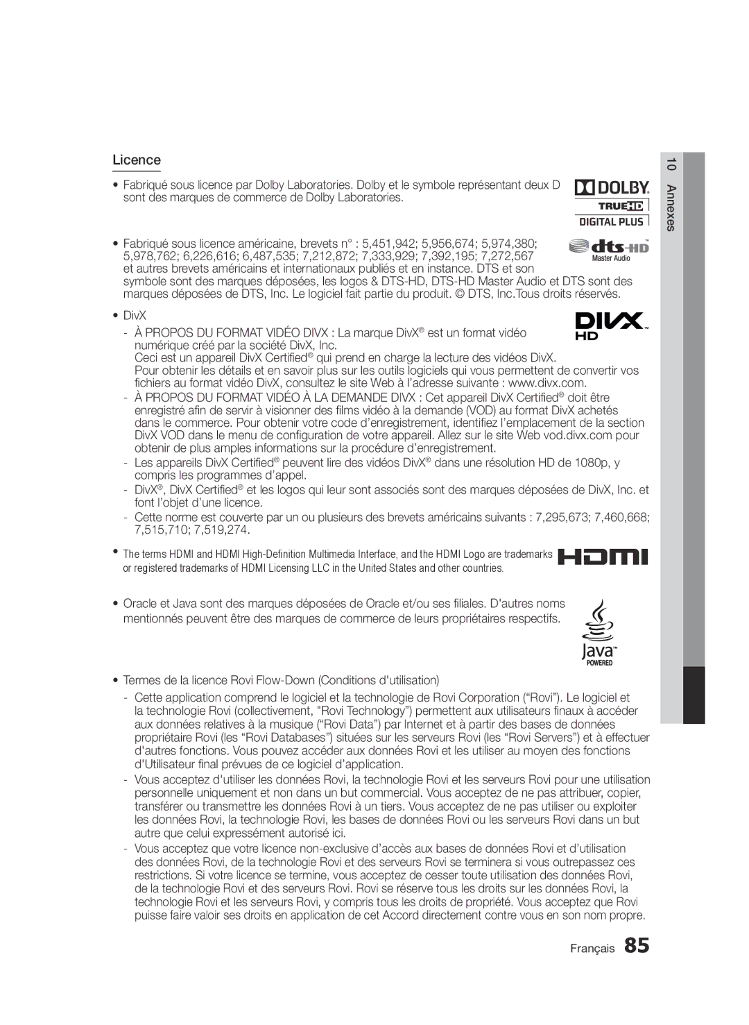 Samsung BD-D6900/ZF, BD-D6900/XN, BD-D6900/EN manual Licence, Termes de la licence Rovi Flow-Down Conditions dutilisation 