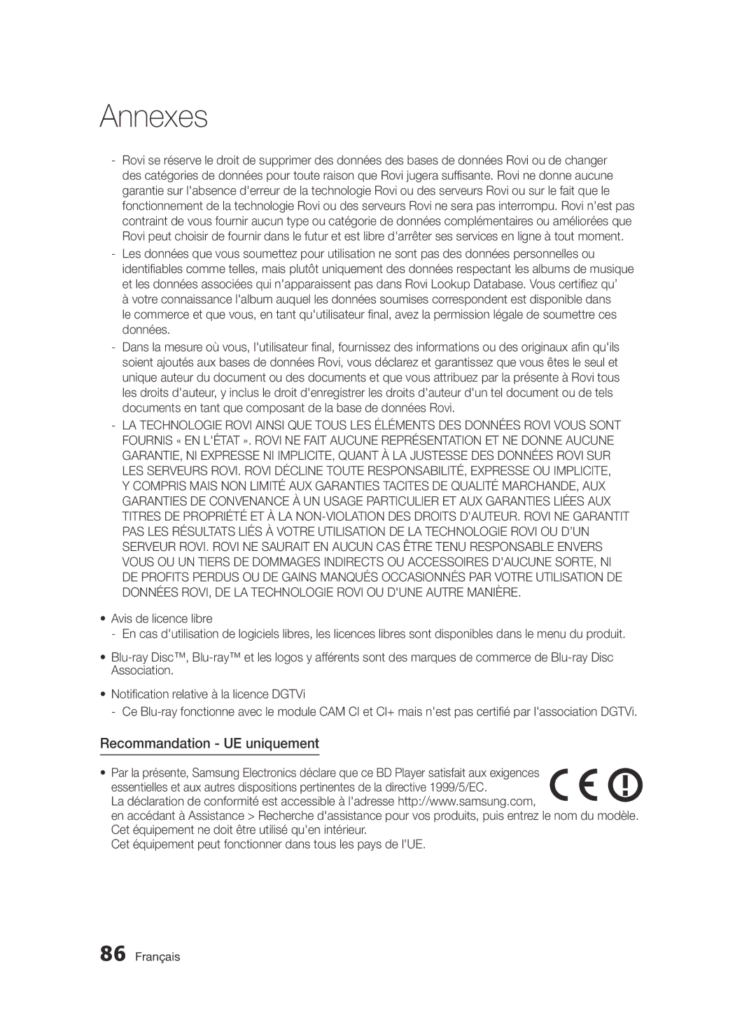 Samsung BD-D6900/XN, BD-D6900/EN, BD-D6900/ZF manual Recommandation UE uniquement 