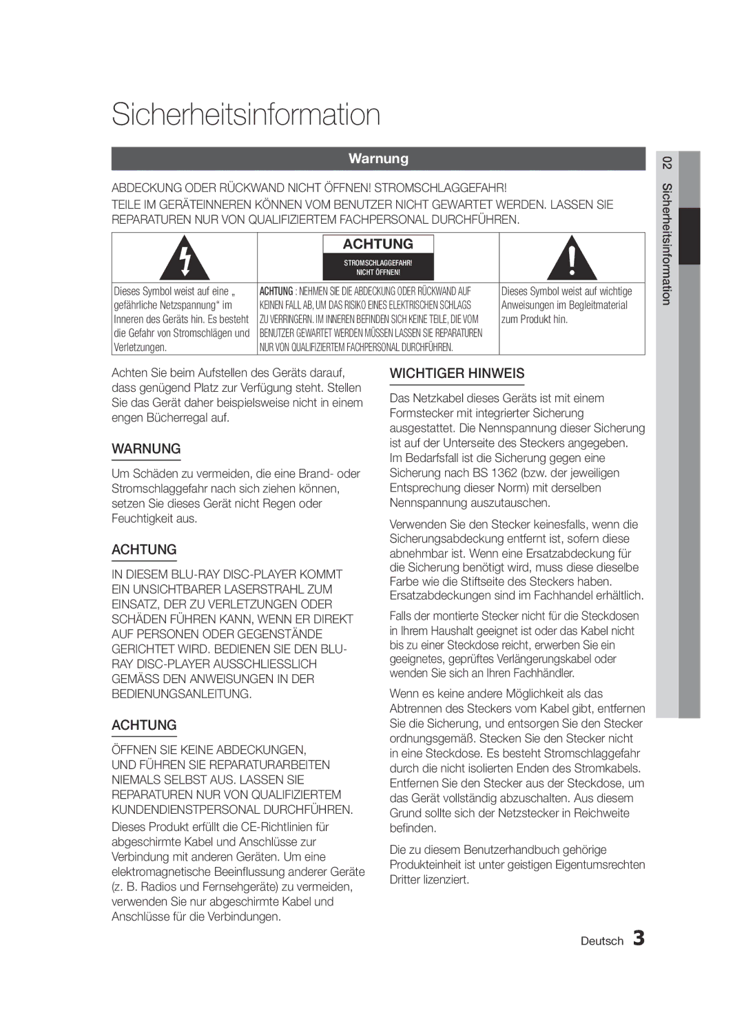 Samsung BD-D6900/XN Sicherheitsinformation, Warnung, Abdeckung Oder Rückwand Nicht ÖFFNEN! Stromschlaggefahr, Verletzungen 