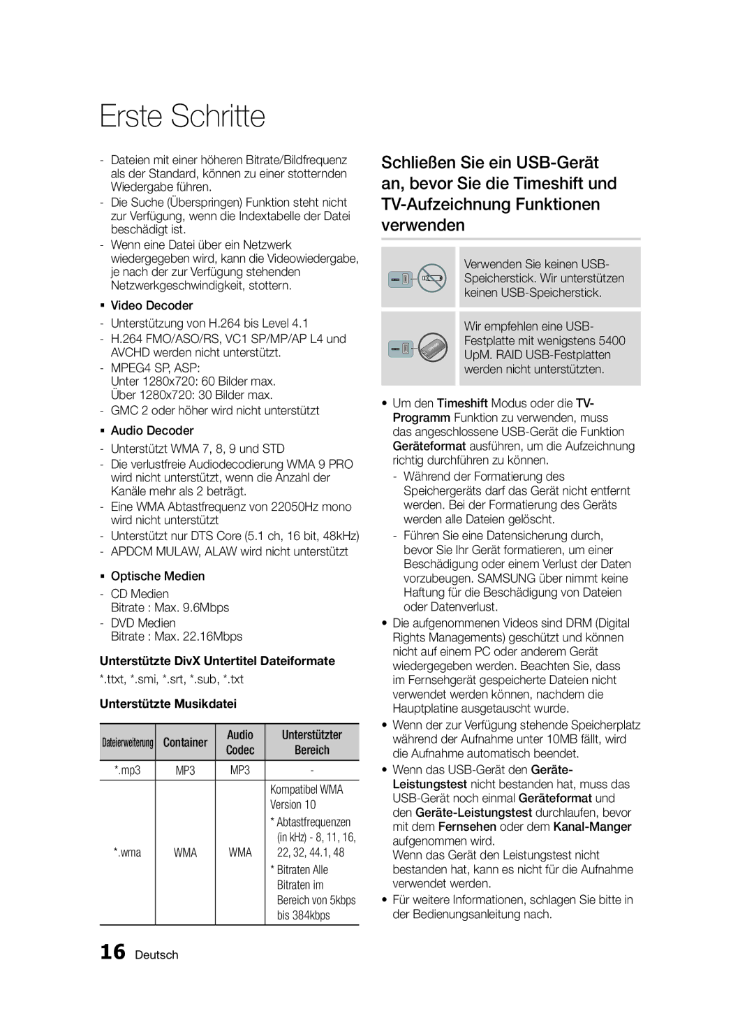 Samsung BD-D6900/EN, BD-D6900/XN, BD-D6900/ZF Unterstützte Musikdatei, Version, Bitraten Alle, Bitraten im, Bis 384kbps 