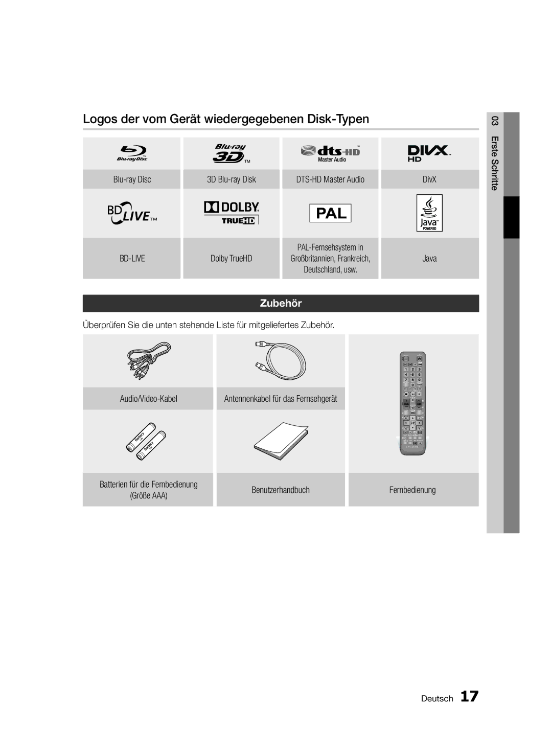 Samsung BD-D6900/ZF, BD-D6900/XN, BD-D6900/EN manual Logos der vom Gerät wiedergegebenen Disk-Typen, Zubehör, Erste, Schritte 