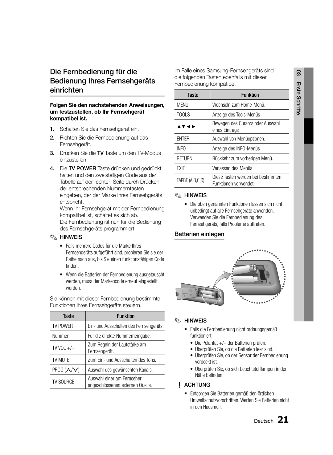 Samsung BD-D6900/XN, BD-D6900/EN, BD-D6900/ZF manual Batterien einlegen, Achtung 