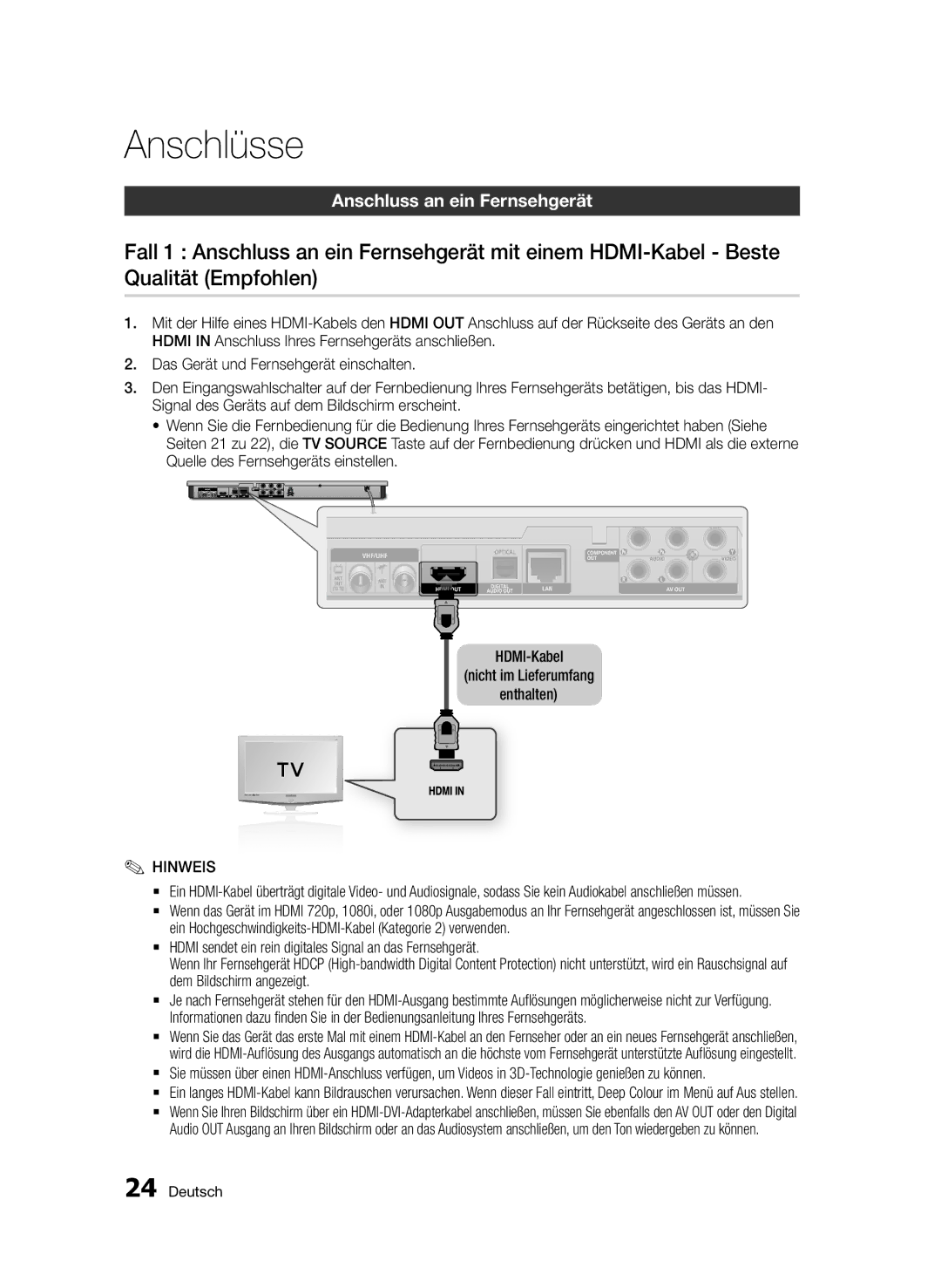 Samsung BD-D6900/XN, BD-D6900/EN, BD-D6900/ZF manual Anschluss an ein Fernsehgerät 