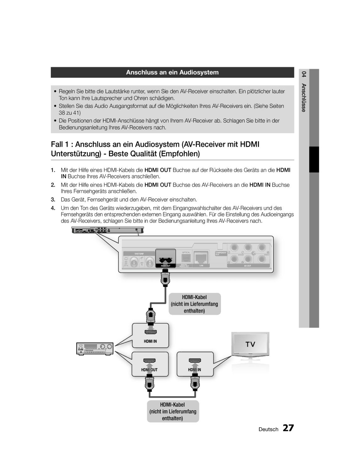 Samsung BD-D6900/XN manual Anschluss an ein Audiosystem, HDMI-Kabel Nicht im Lieferumfang Enthalten, Anschlüsse Deutsch 