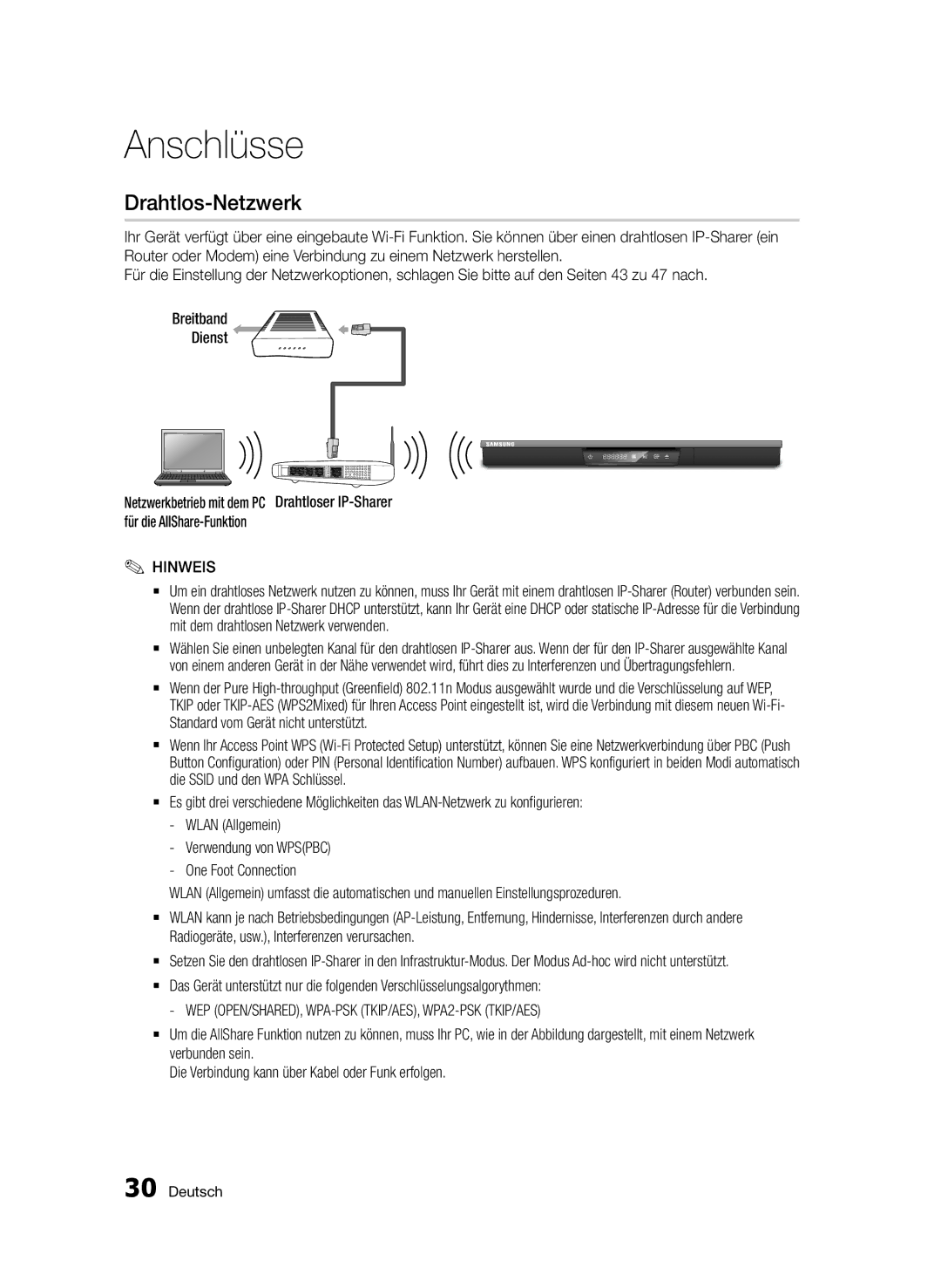 Samsung BD-D6900/XN, BD-D6900/EN, BD-D6900/ZF manual Drahtlos-Netzwerk, WEP OPEN/SHARED, WPA-PSK TKIP/AES, WPA2-PSK TKIP/AES 