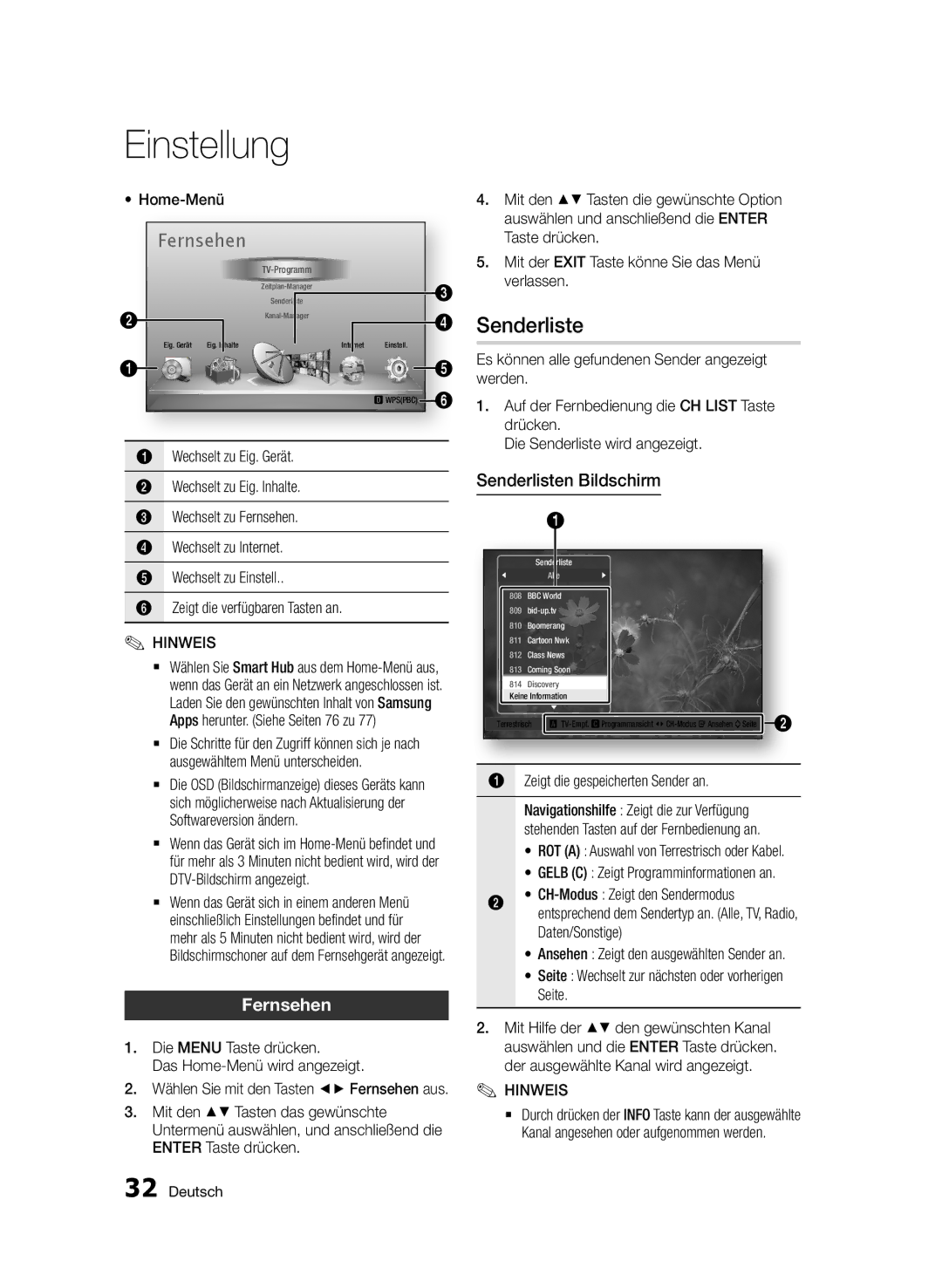 Samsung BD-D6900/ZF manual Fernsehen, Senderlisten Bildschirm, Die Menu Taste drücken Das Home-Menü wird angezeigt 