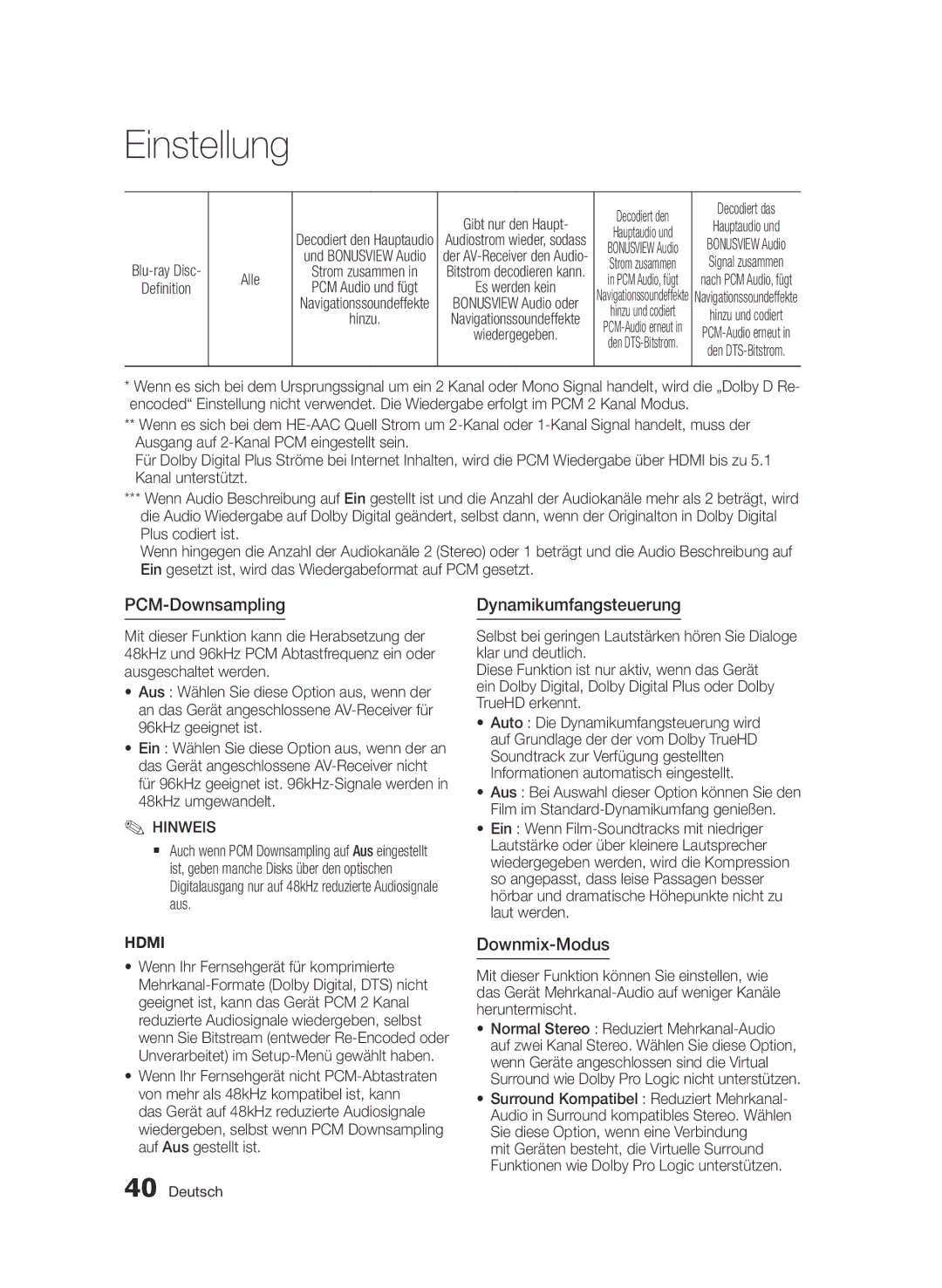 Samsung BD-D6900/EN, BD-D6900/XN manual PCM-Downsampling, Dynamikumfangsteuerung, Downmix-Modus, Alle, Gibt nur den Haupt 