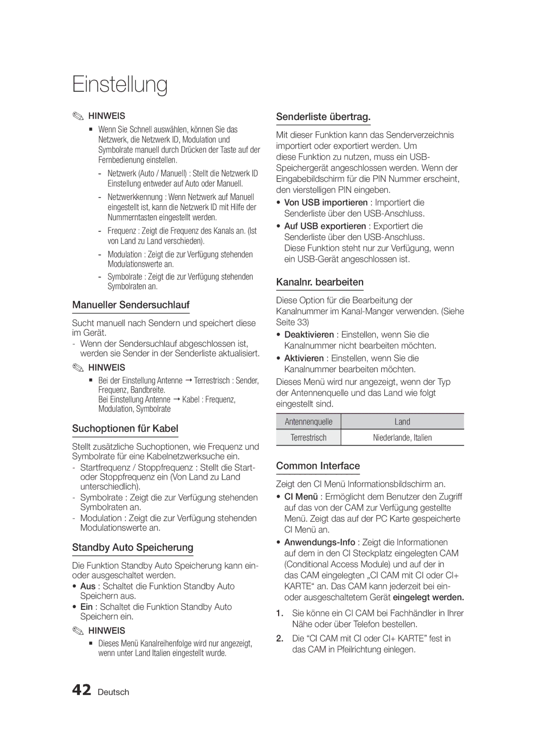 Samsung BD-D6900/XN manual Manueller Sendersuchlauf, Suchoptionen für Kabel, Standby Auto Speicherung, Senderliste übertrag 