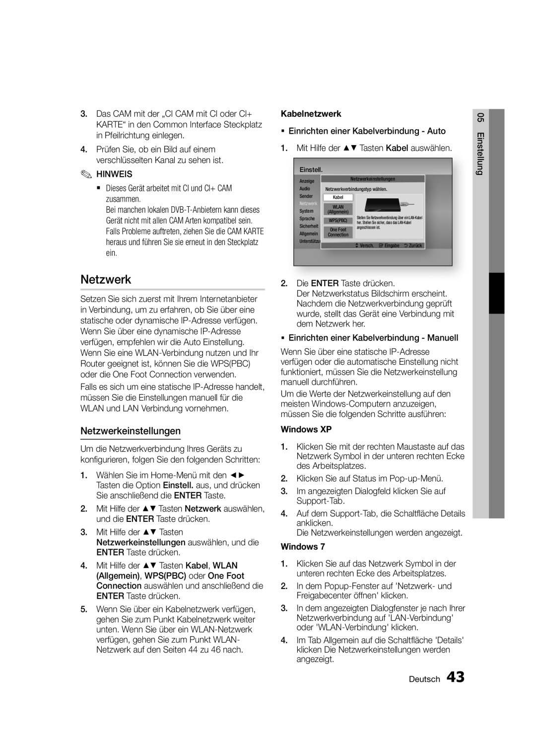 Samsung BD-D6900/EN manual Netzwerkeinstellungen, `` Dieses Gerät arbeitet mit CI und CI+ CAM zusammen, Kabelnetzwerk 