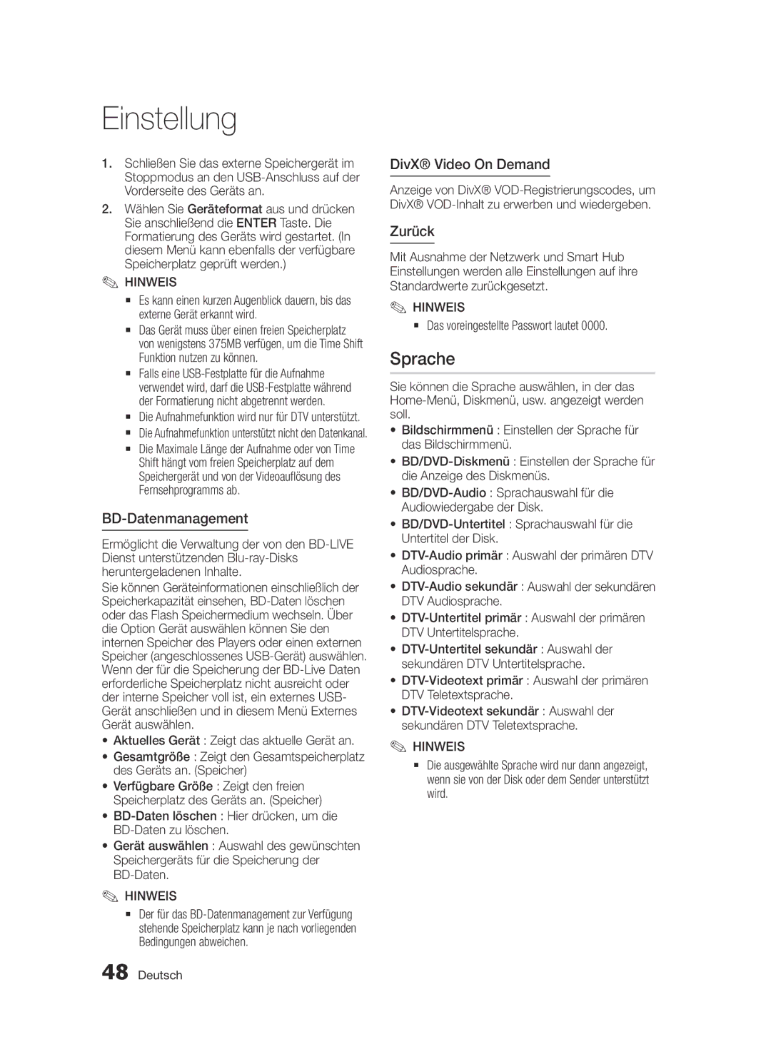 Samsung BD-D6900/XN, BD-D6900/EN, BD-D6900/ZF manual Sprache, BD-Datenmanagement, Zurück 