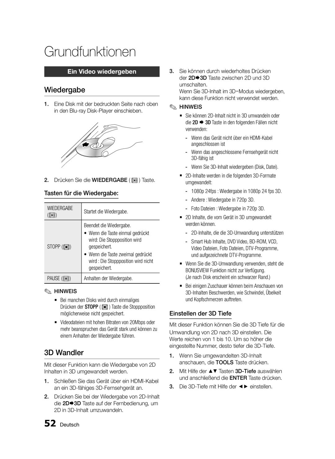 Samsung BD-D6900/EN, BD-D6900/XN, BD-D6900/ZF manual Grundfunktionen, Wiedergabe, 3D Wandler, Ein Video wiedergeben 